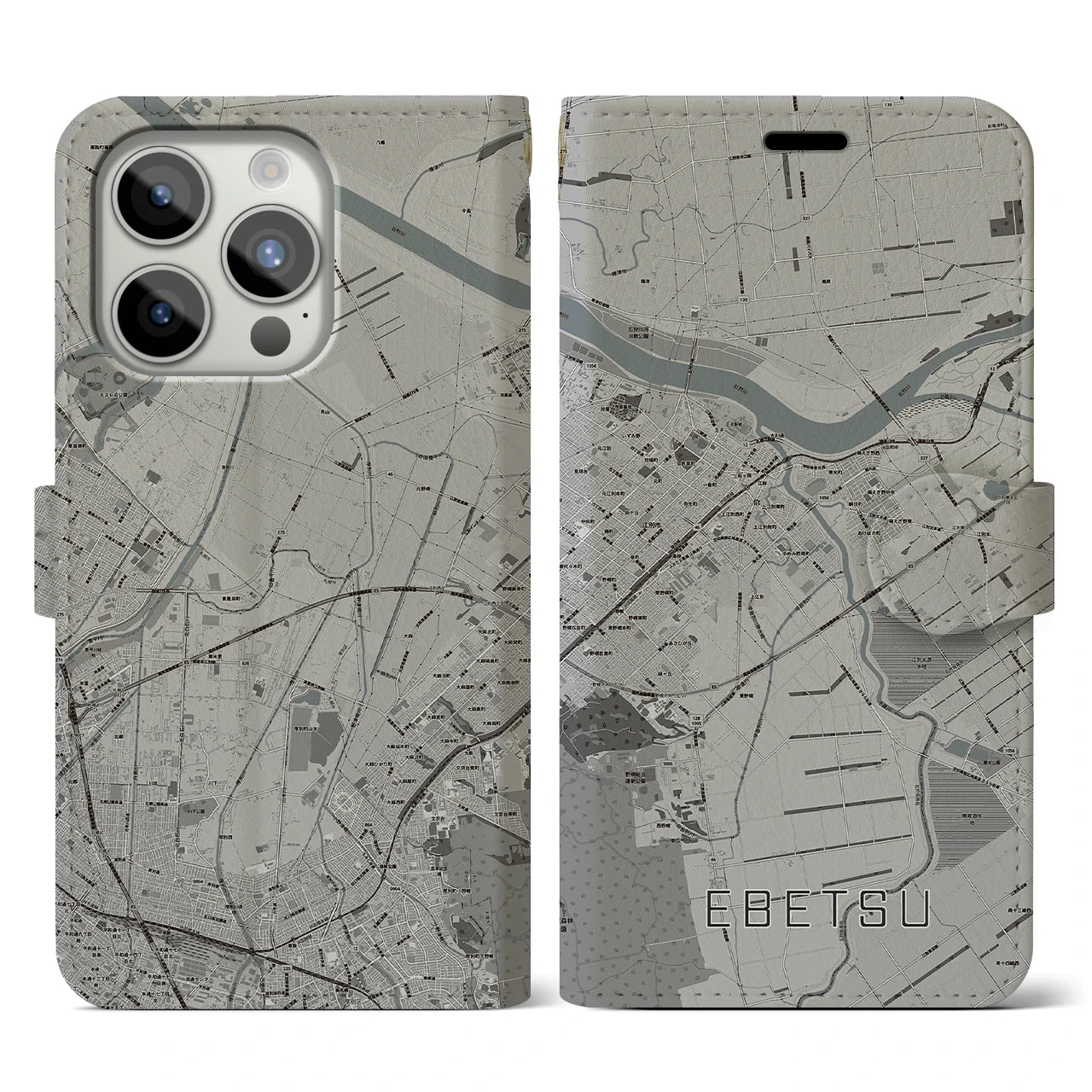 【江別(北海道)】地図柄iPhoneケース(手帳タイプ)モノトーン・iPhone 15 Pro 用