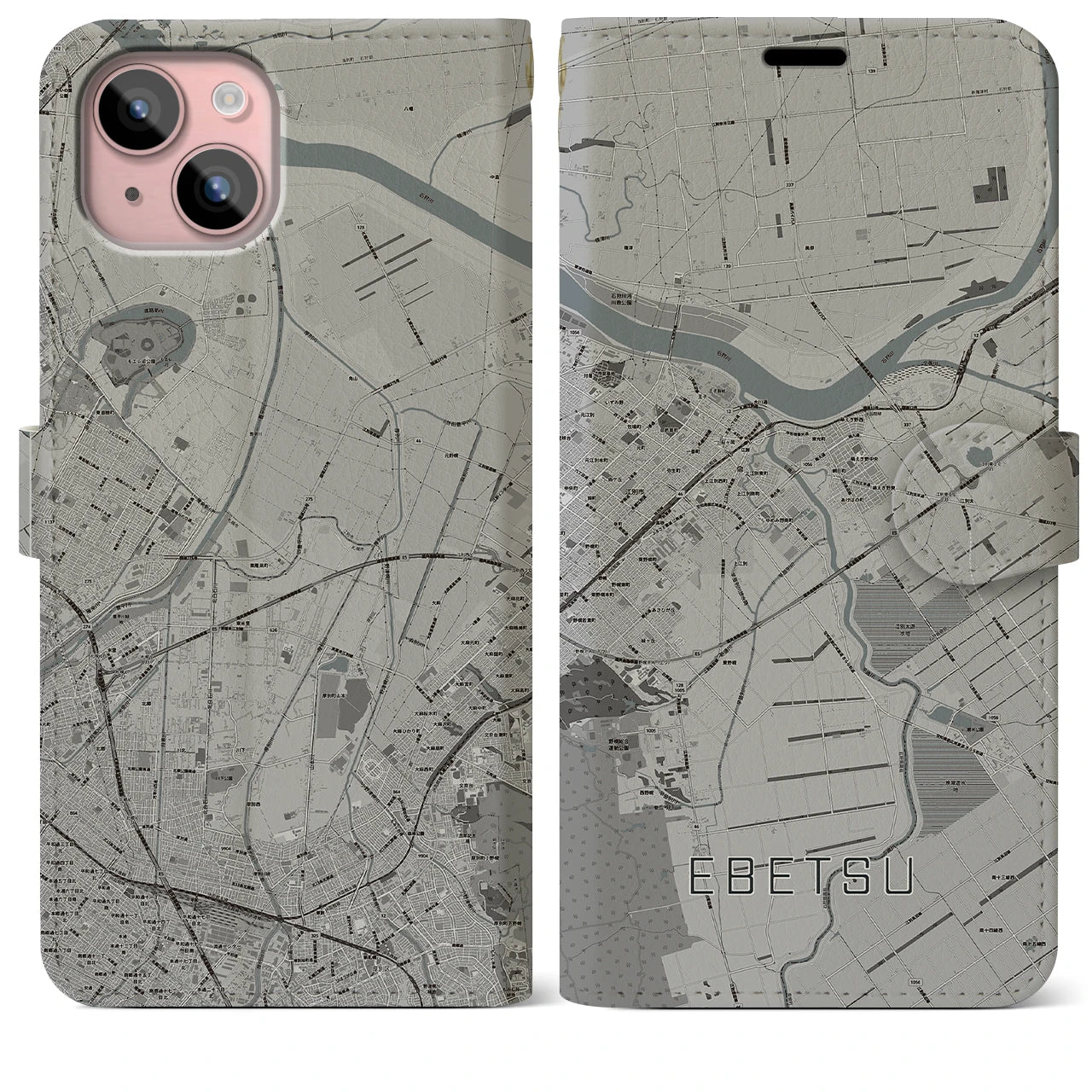 【江別(北海道)】地図柄iPhoneケース(手帳タイプ)モノトーン・iPhone 15 Plus 用
