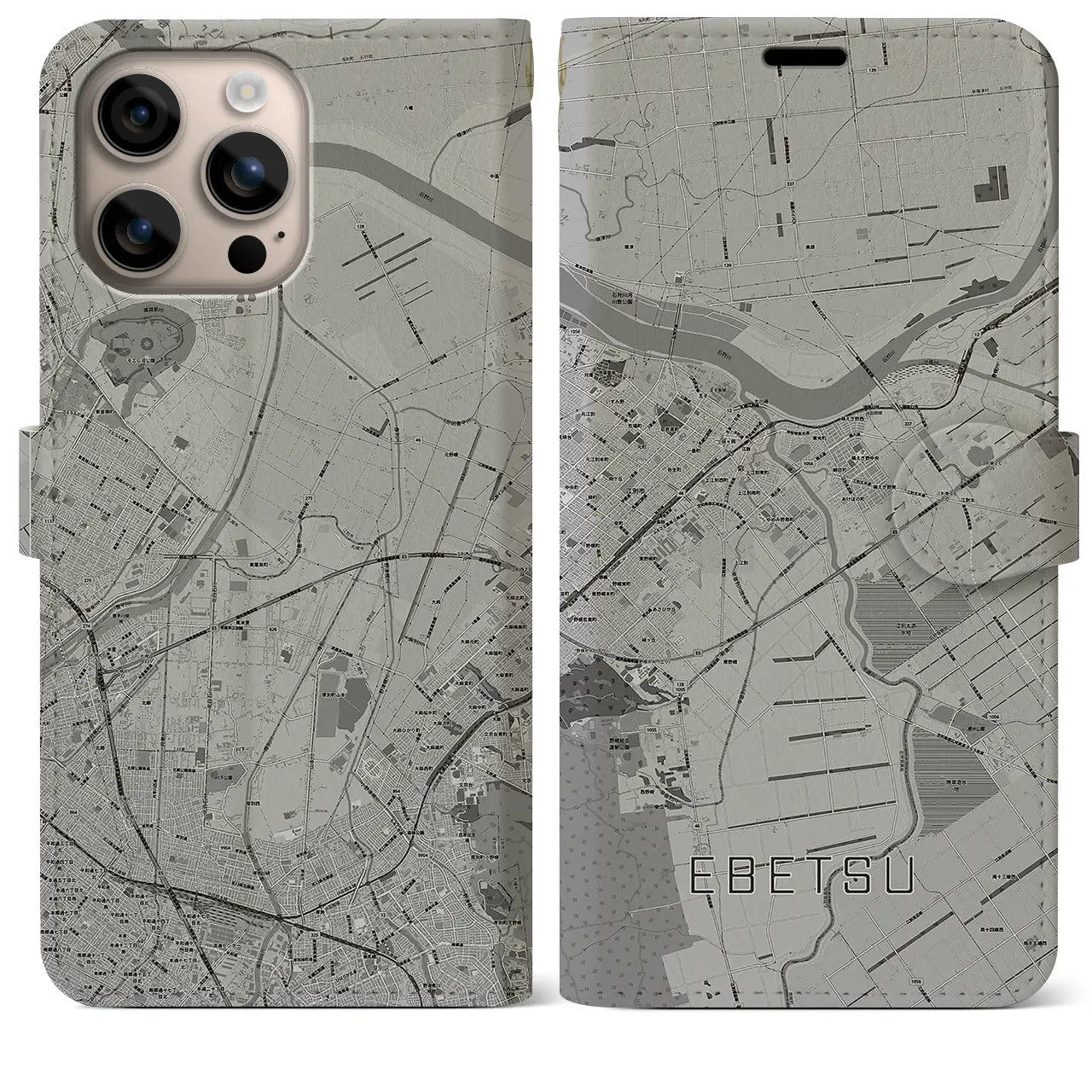 【江別(北海道)】地図柄iPhoneケース(手帳タイプ)モノトーン・iPhone 16 Plus 用