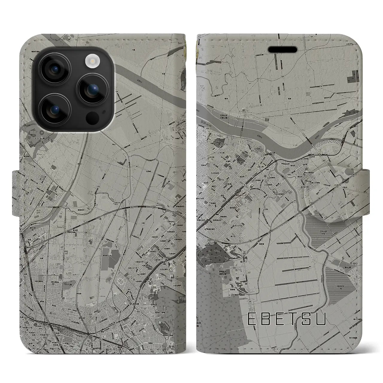【江別(北海道)】地図柄iPhoneケース(手帳タイプ)モノトーン・iPhone 16 用