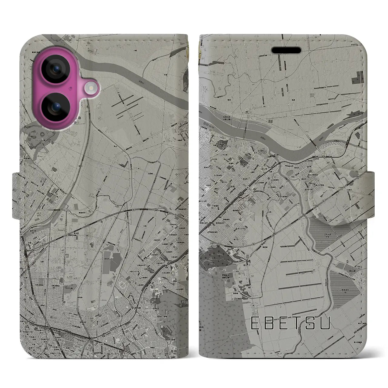 【江別(北海道)】地図柄iPhoneケース(手帳タイプ)モノトーン・iPhone 16 Pro 用