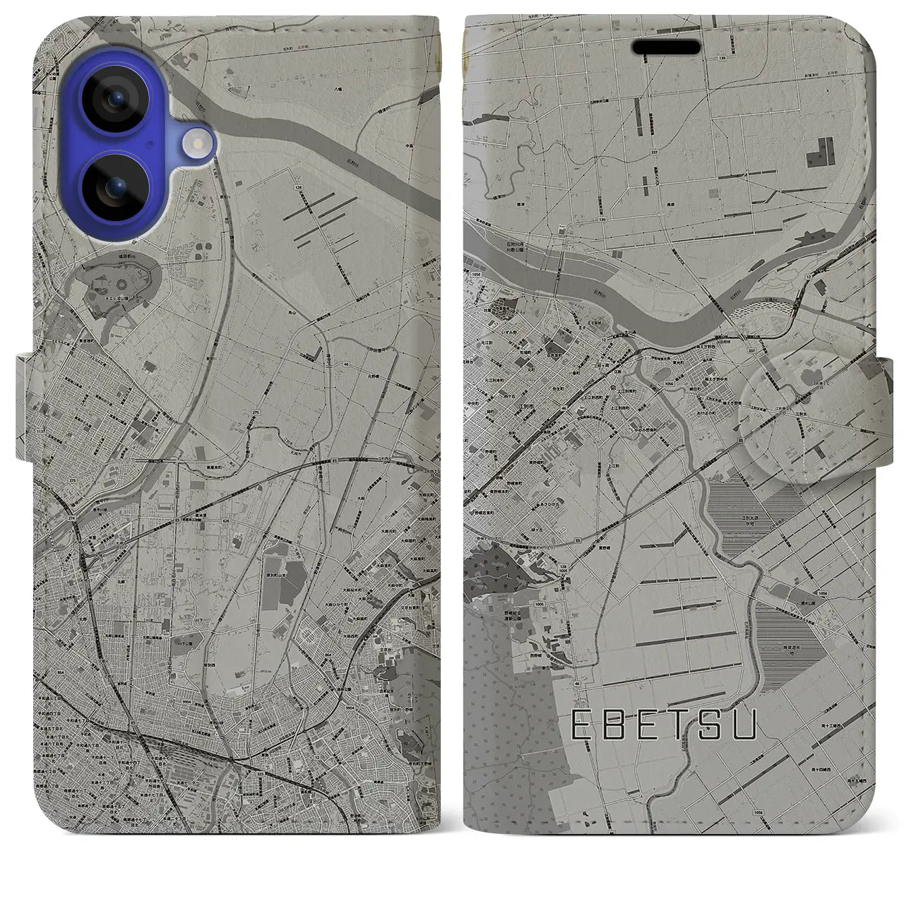 【江別(北海道)】地図柄iPhoneケース(手帳タイプ)モノトーン・iPhone 16 Pro Max 用