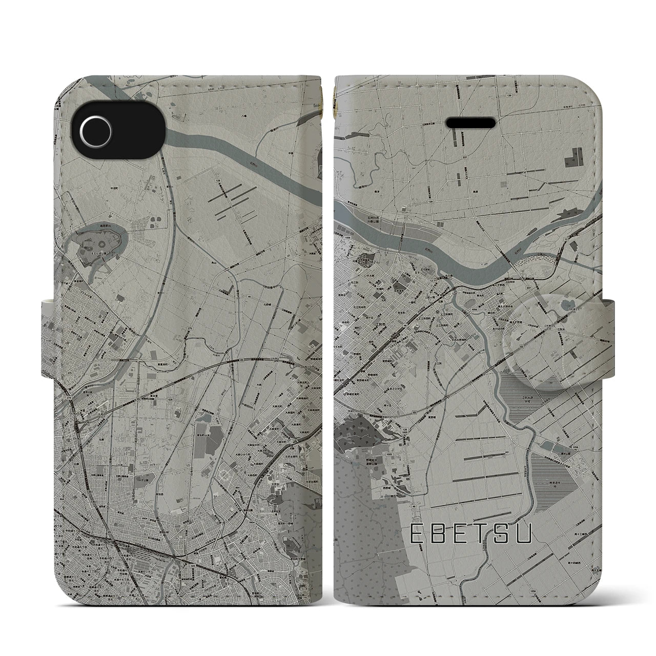 【江別(北海道)】地図柄iPhoneケース(手帳タイプ)モノトーン・iPhone SE(第3 / 第2世代) / 8 / 7 / 6s / 6 用