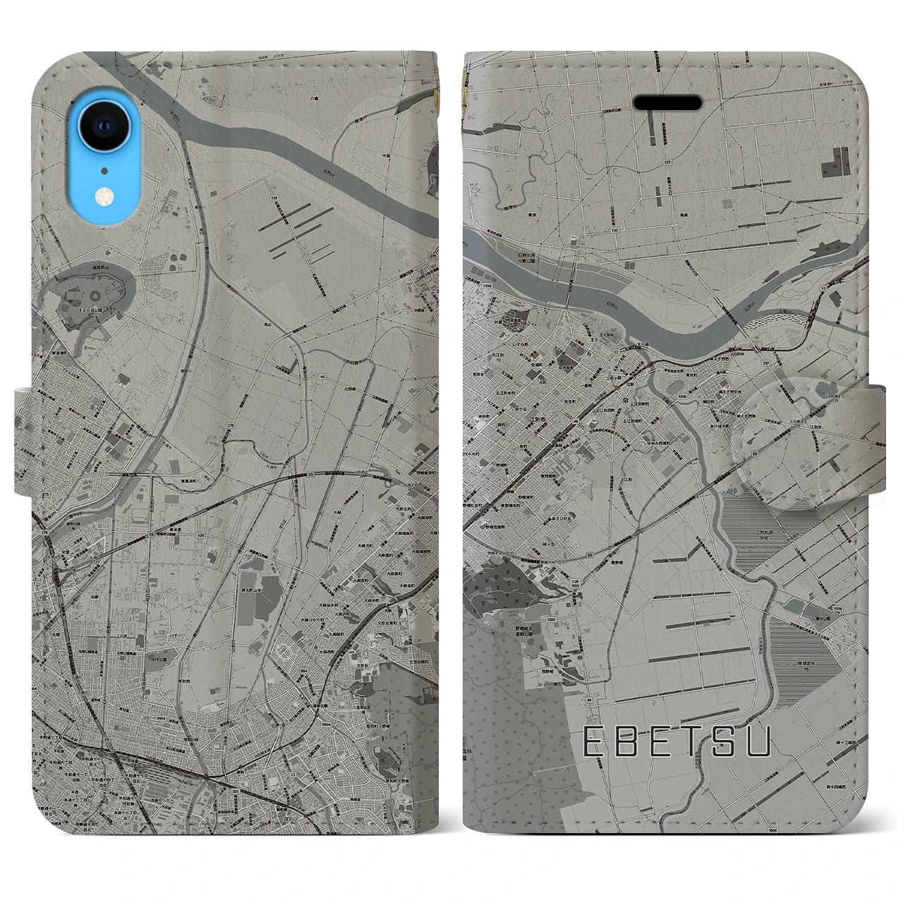 【江別(北海道)】地図柄iPhoneケース(手帳タイプ)モノトーン・iPhone XR 用