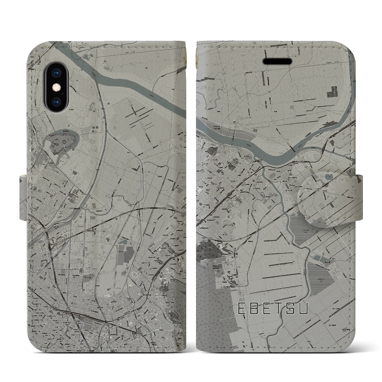 【江別(北海道)】地図柄iPhoneケース(手帳タイプ)モノトーン・iPhone XS / X 用