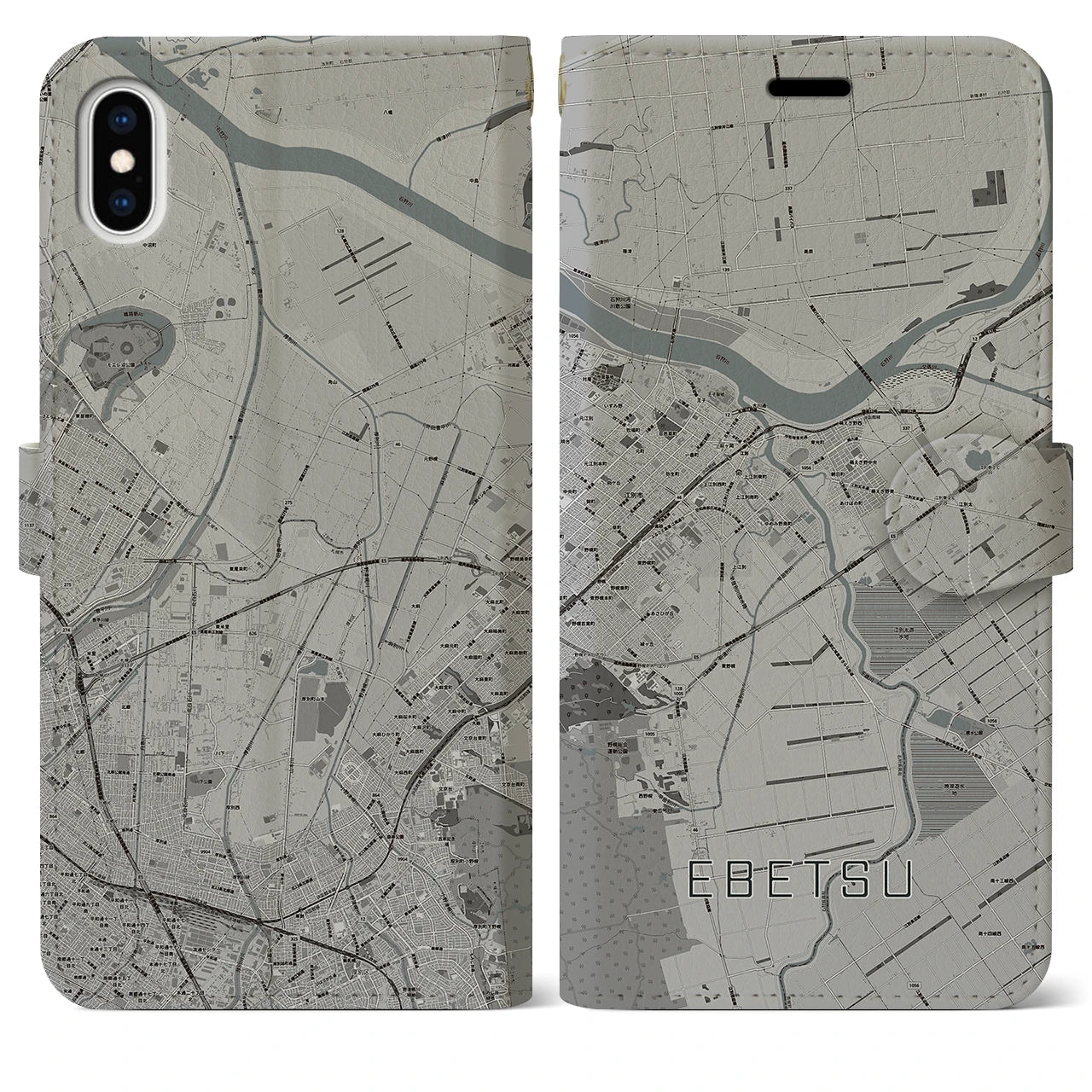 【江別(北海道)】地図柄iPhoneケース(手帳タイプ)モノトーン・iPhone XS Max 用