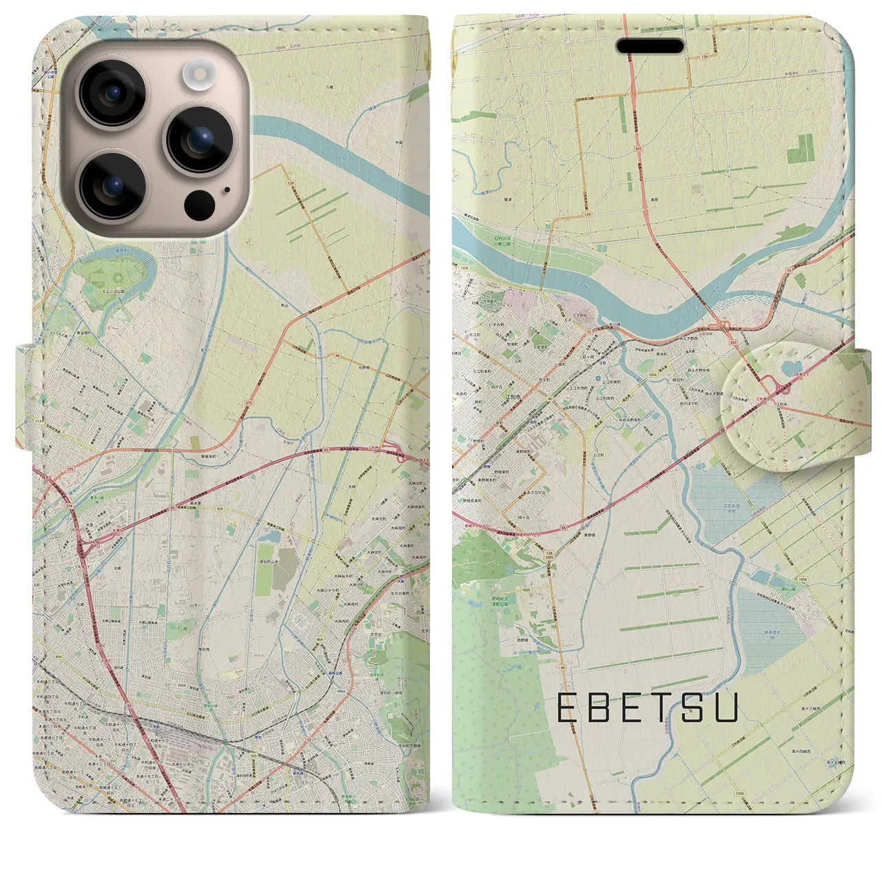 【江別(北海道)】地図柄iPhoneケース(手帳タイプ)ナチュラル・iPhone 16 Plus 用