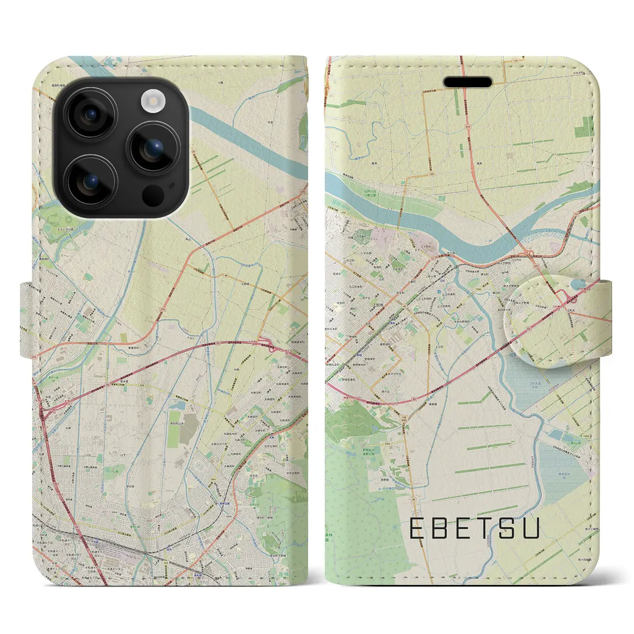 【江別(北海道)】地図柄iPhoneケース(手帳タイプ)ナチュラル・iPhone 16 用