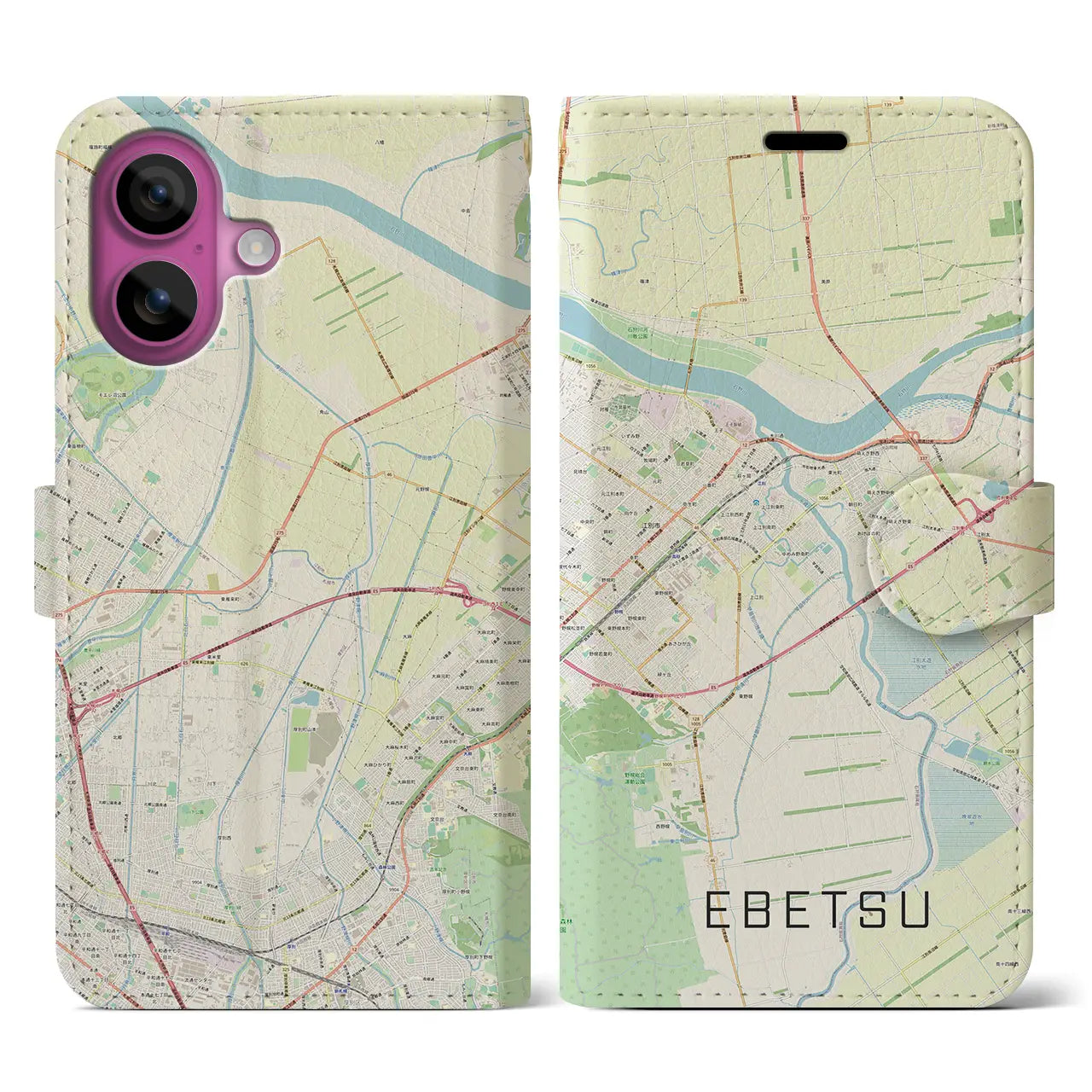 【江別(北海道)】地図柄iPhoneケース(手帳タイプ)ナチュラル・iPhone 16 Pro 用