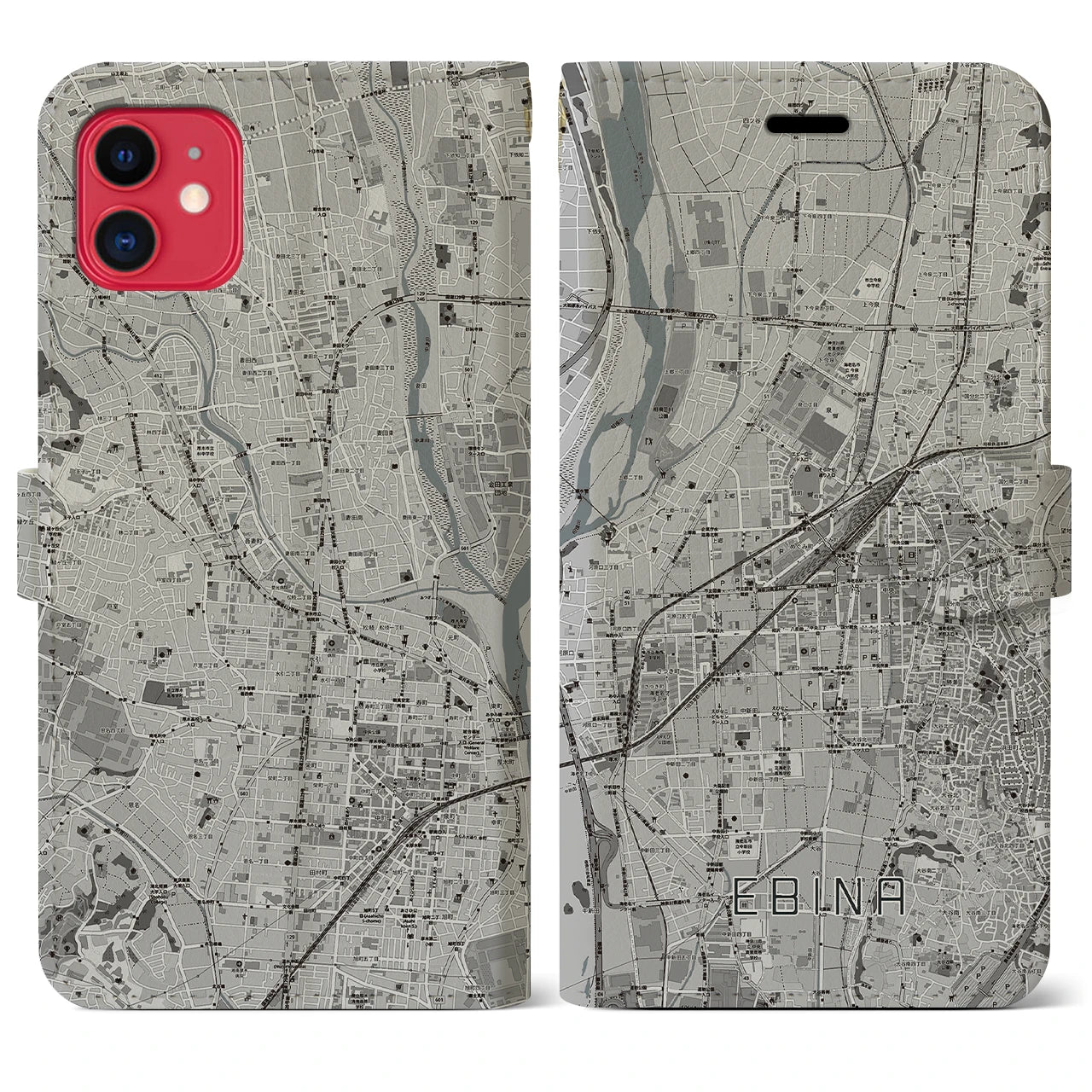 【海老名(神奈川県)】地図柄iPhoneケース(手帳タイプ)モノトーン・iPhone 11 用