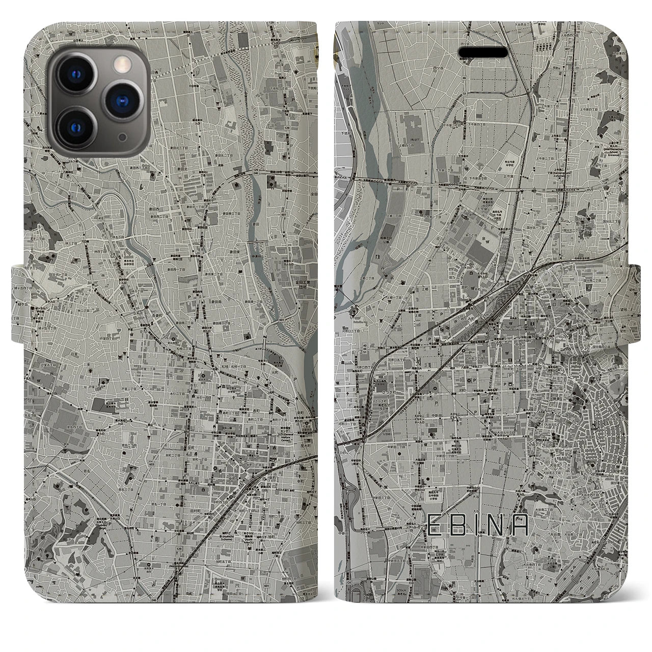 【海老名(神奈川県)】地図柄iPhoneケース(手帳タイプ)モノトーン・iPhone 11 Pro Max 用