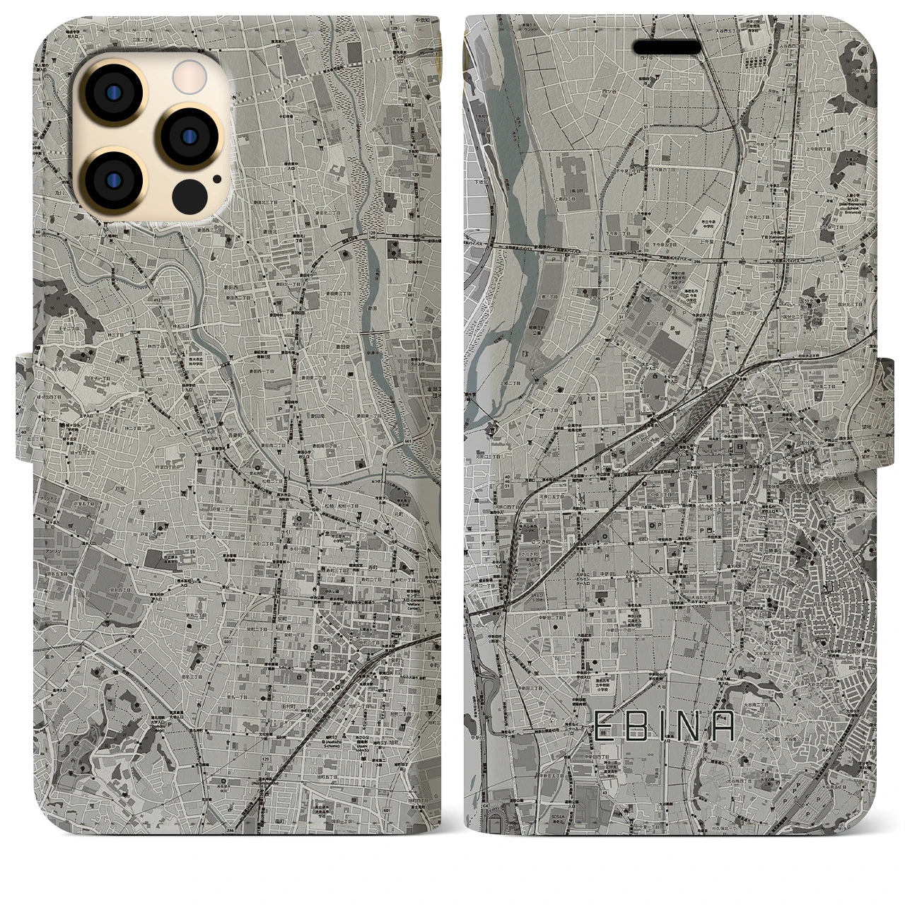 【海老名(神奈川県)】地図柄iPhoneケース(手帳タイプ)モノトーン・iPhone 12 Pro Max 用