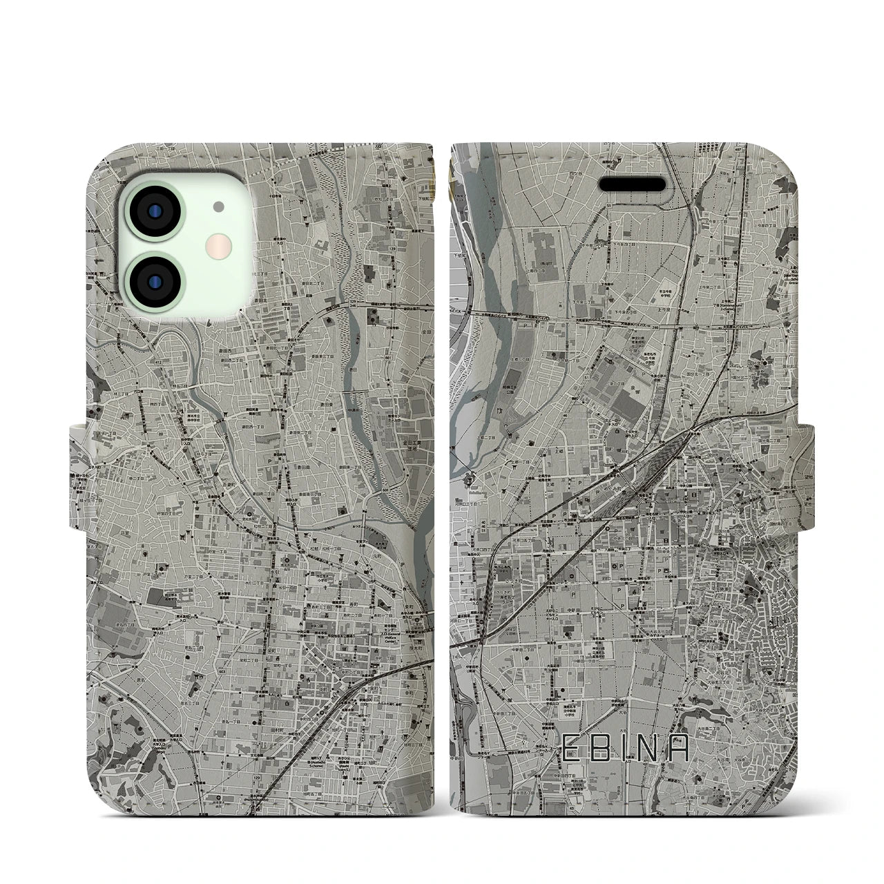 【海老名(神奈川県)】地図柄iPhoneケース(手帳タイプ)モノトーン・iPhone 12 mini 用