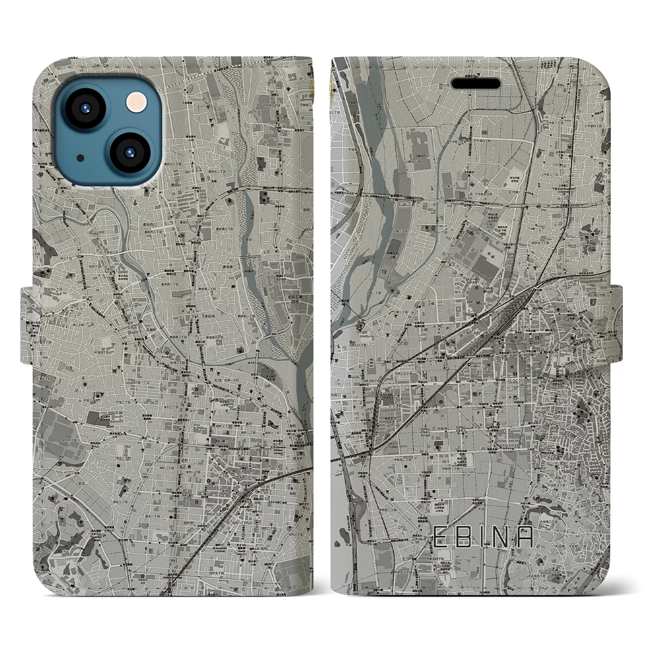 【海老名(神奈川県)】地図柄iPhoneケース(手帳タイプ)モノトーン・iPhone 13 用