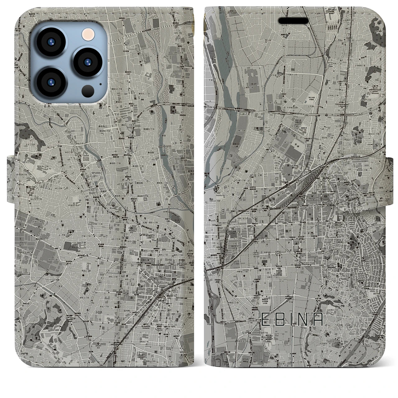 【海老名(神奈川県)】地図柄iPhoneケース(手帳タイプ)モノトーン・iPhone 13 Pro Max 用