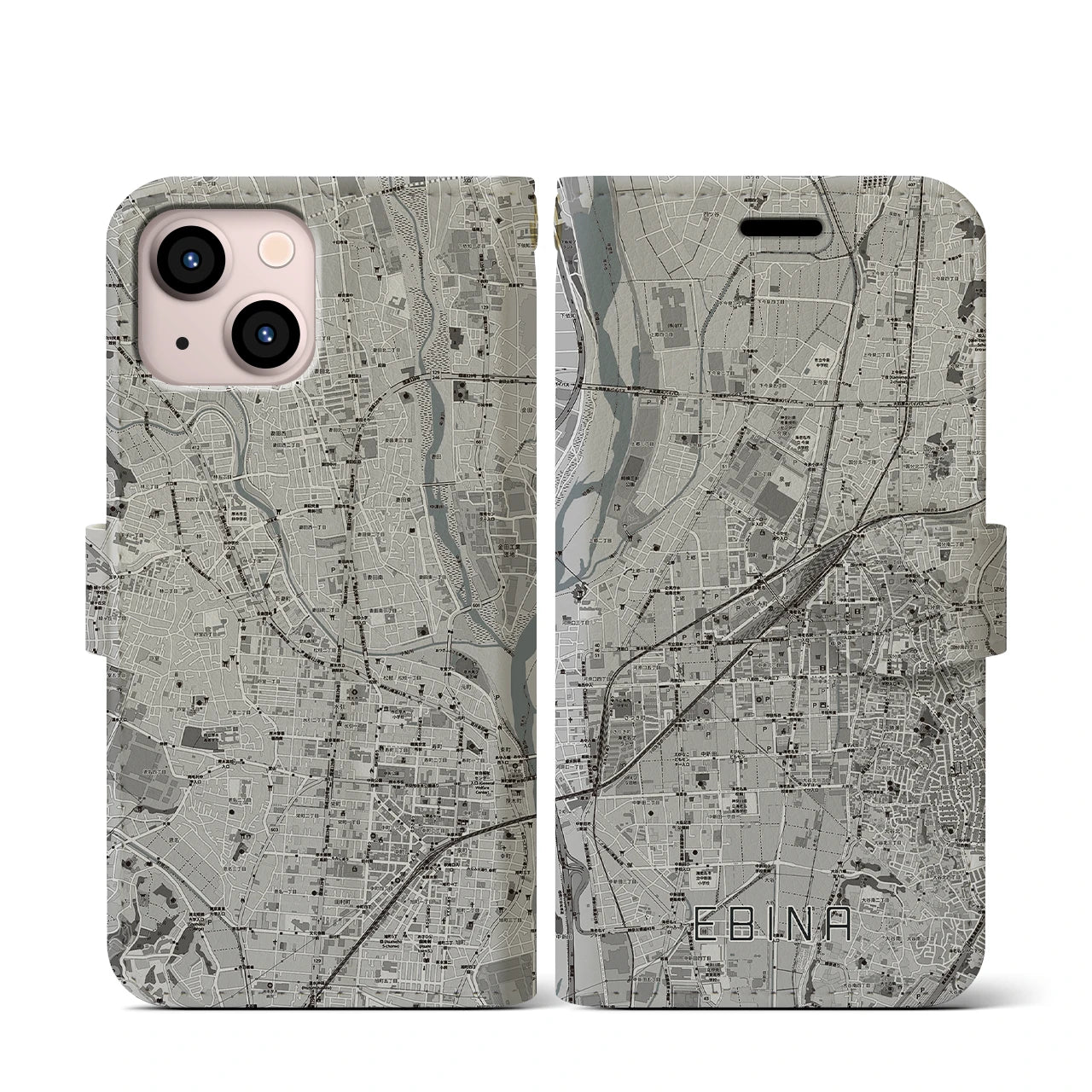 【海老名(神奈川県)】地図柄iPhoneケース(手帳タイプ)モノトーン・iPhone 13 mini 用