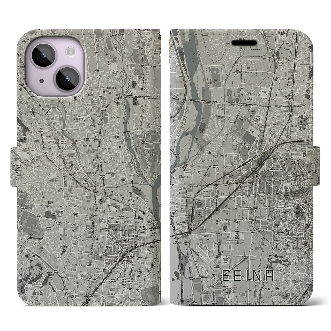 【海老名(神奈川県)】地図柄iPhoneケース(手帳タイプ)モノトーン・iPhone 14 用