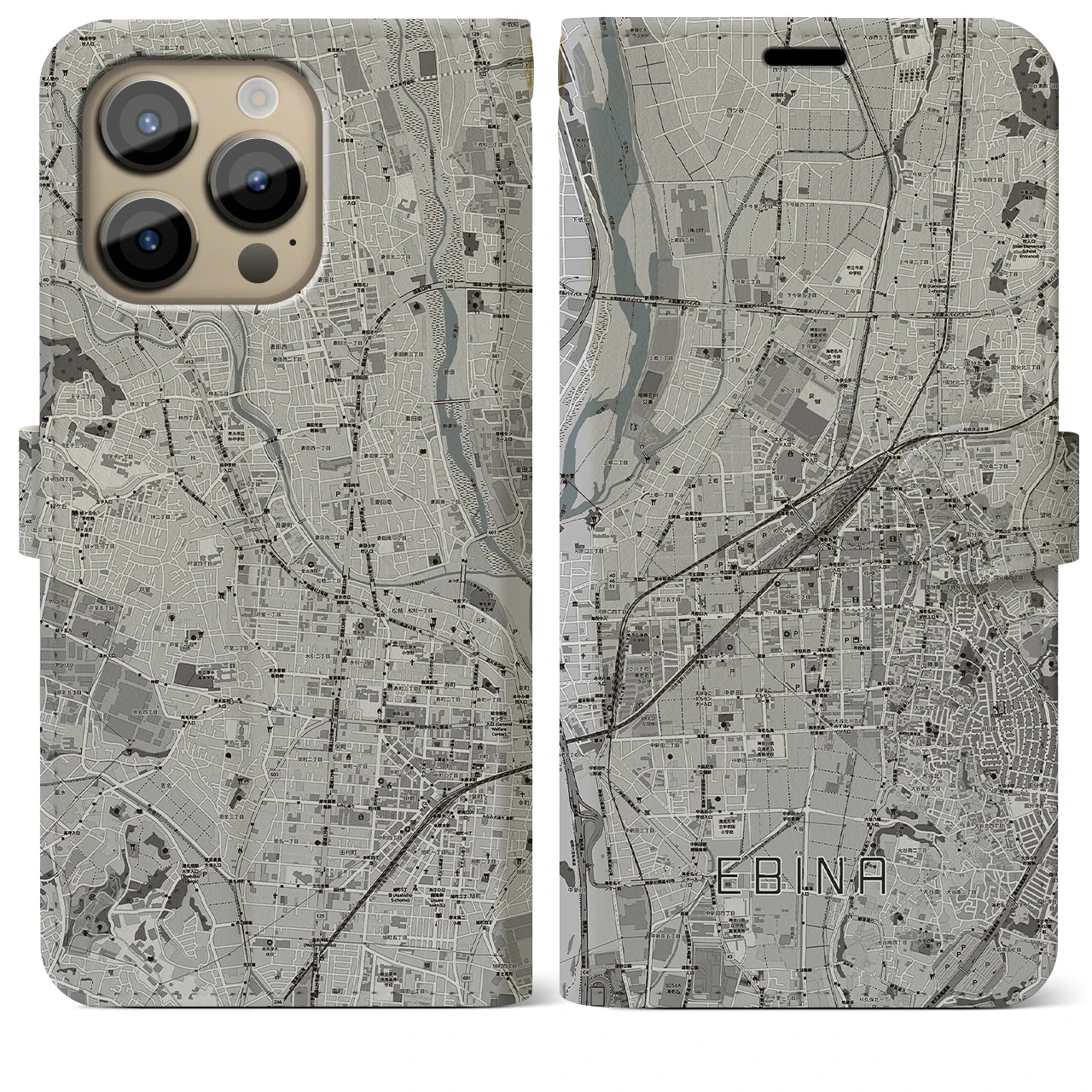 【海老名(神奈川県)】地図柄iPhoneケース(手帳タイプ)モノトーン・iPhone 14 Pro Max 用