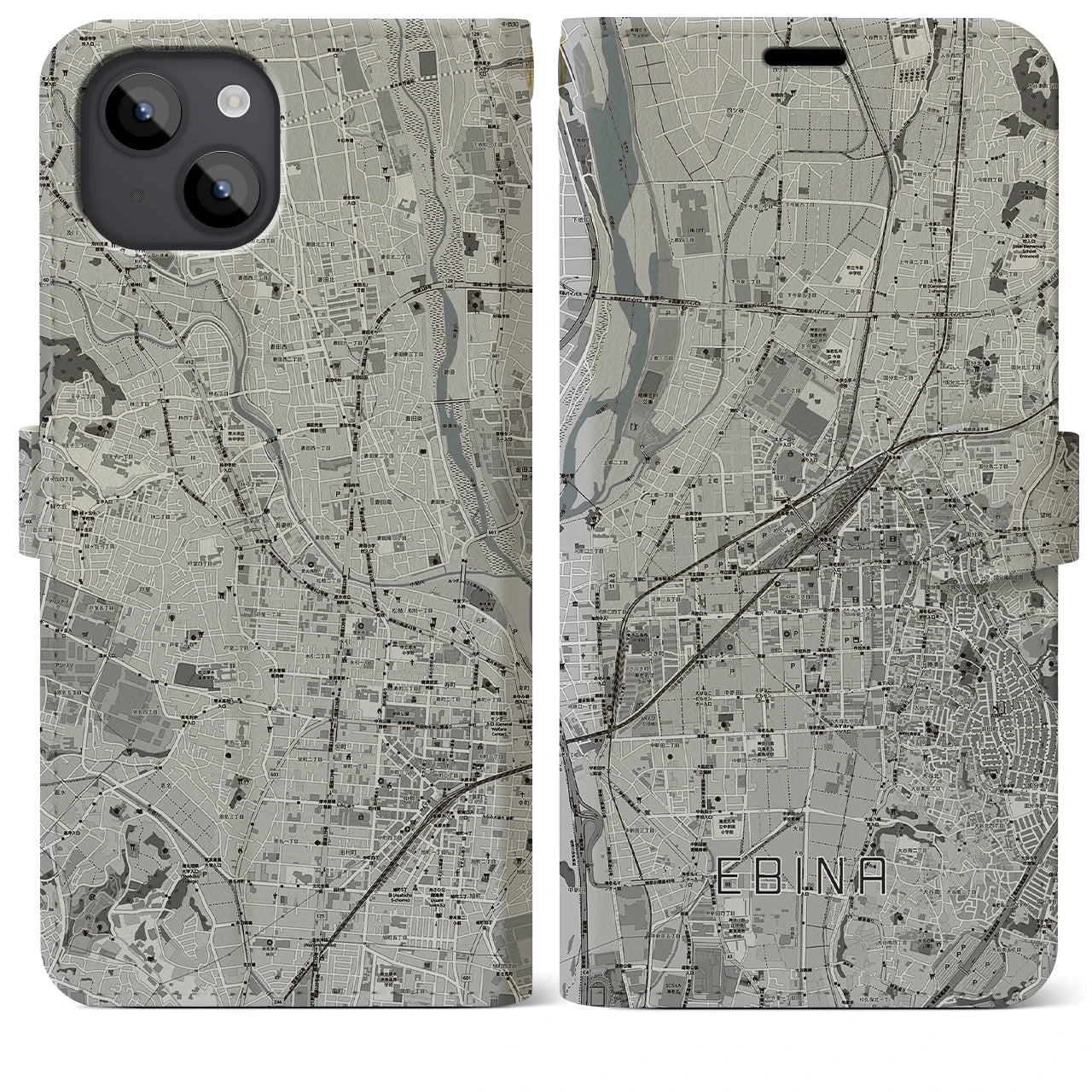 【海老名(神奈川県)】地図柄iPhoneケース(手帳タイプ)モノトーン・iPhone 14 Plus 用