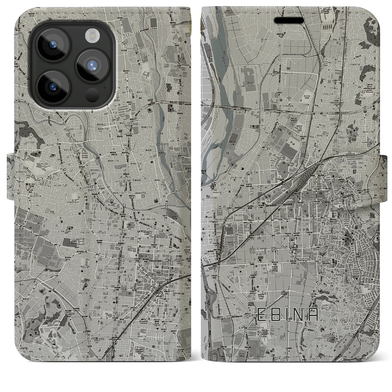 【海老名(神奈川県)】地図柄iPhoneケース(手帳タイプ)モノトーン・iPhone 15 Pro Max 用