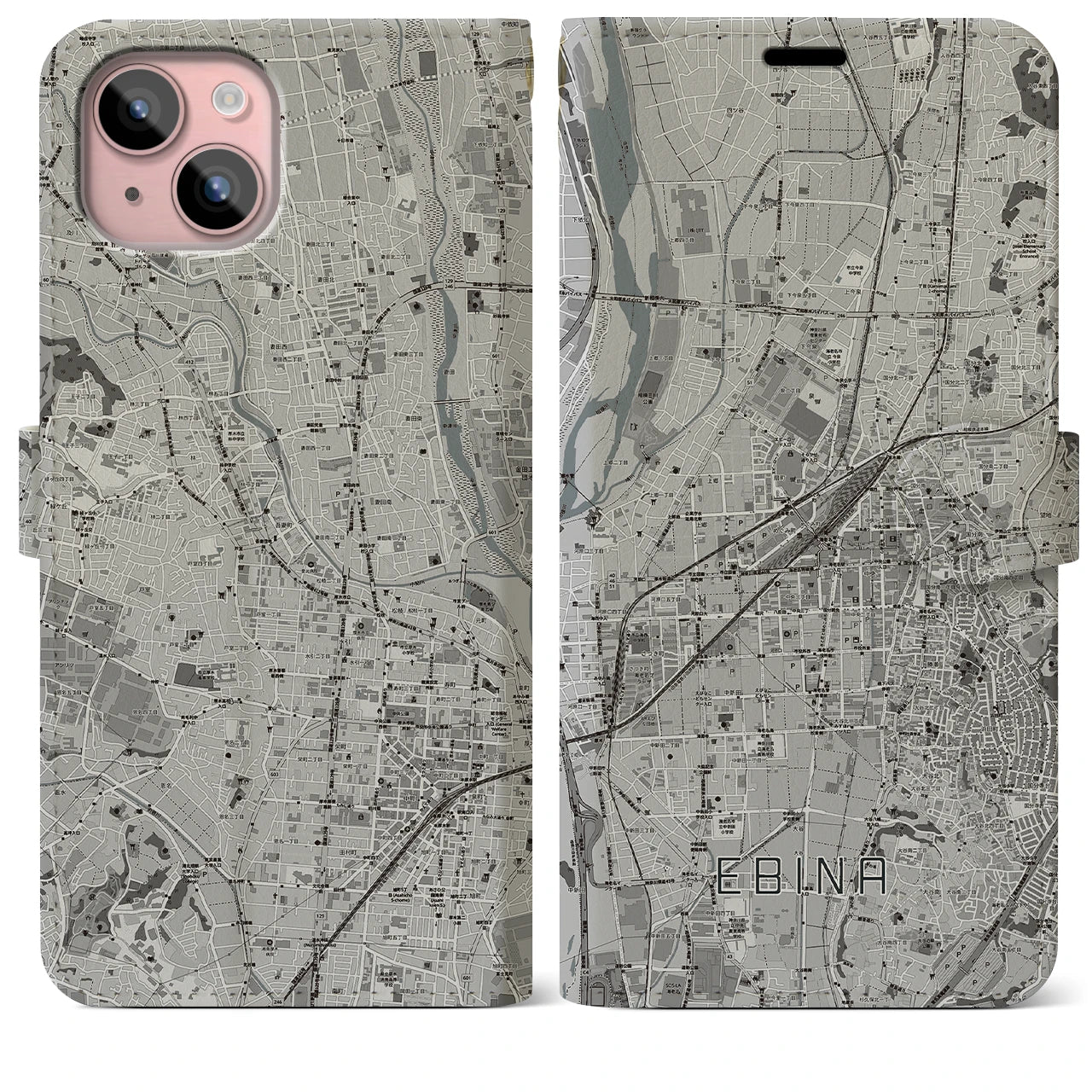 【海老名(神奈川県)】地図柄iPhoneケース(手帳タイプ)モノトーン・iPhone 15 Plus 用