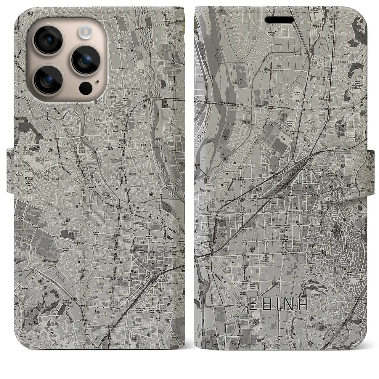【海老名(神奈川県)】地図柄iPhoneケース(手帳タイプ)モノトーン・iPhone 16 Plus 用