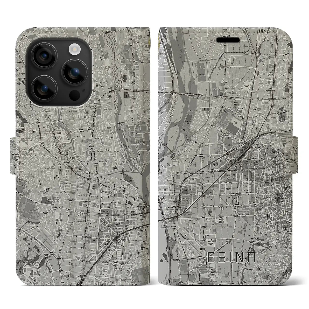 【海老名(神奈川県)】地図柄iPhoneケース(手帳タイプ)モノトーン・iPhone 16 用