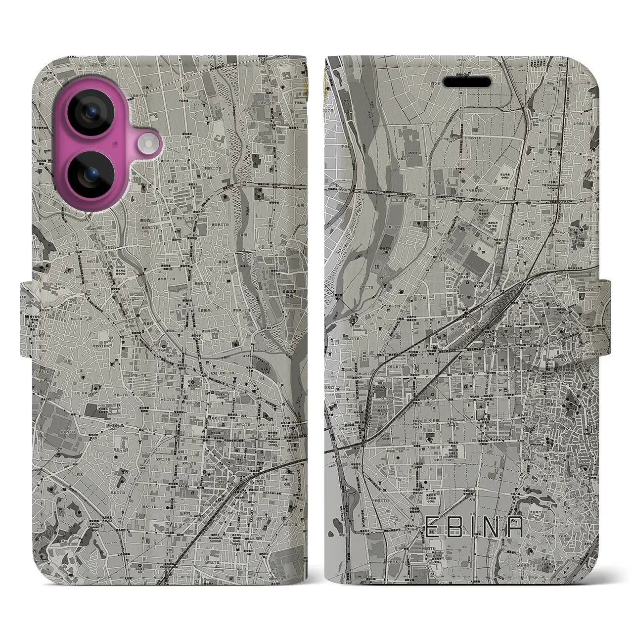 【海老名(神奈川県)】地図柄iPhoneケース(手帳タイプ)モノトーン・iPhone 16 Pro 用