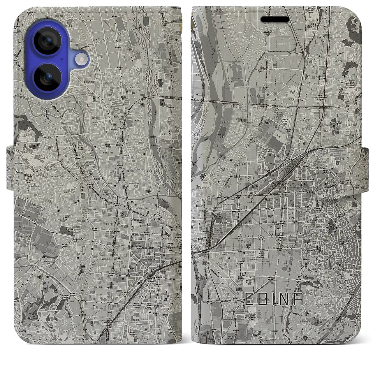 【海老名(神奈川県)】地図柄iPhoneケース(手帳タイプ)モノトーン・iPhone 16 Pro Max 用
