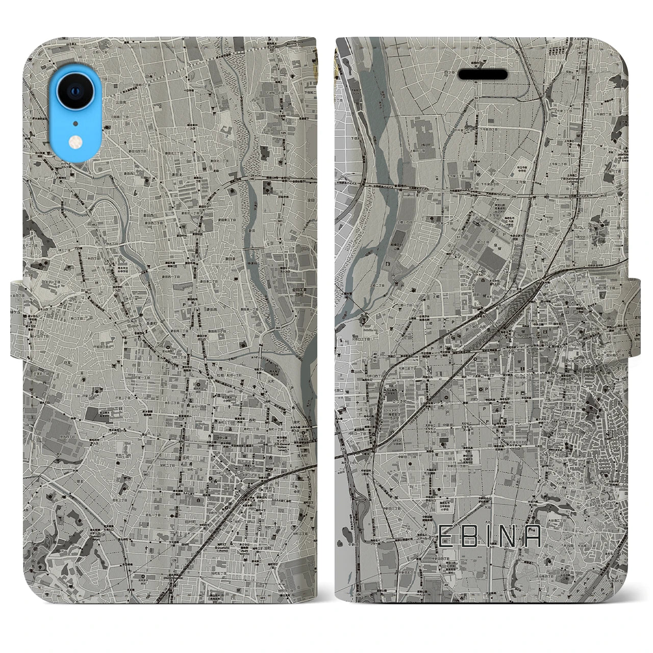 【海老名(神奈川県)】地図柄iPhoneケース(手帳タイプ)モノトーン・iPhone XR 用