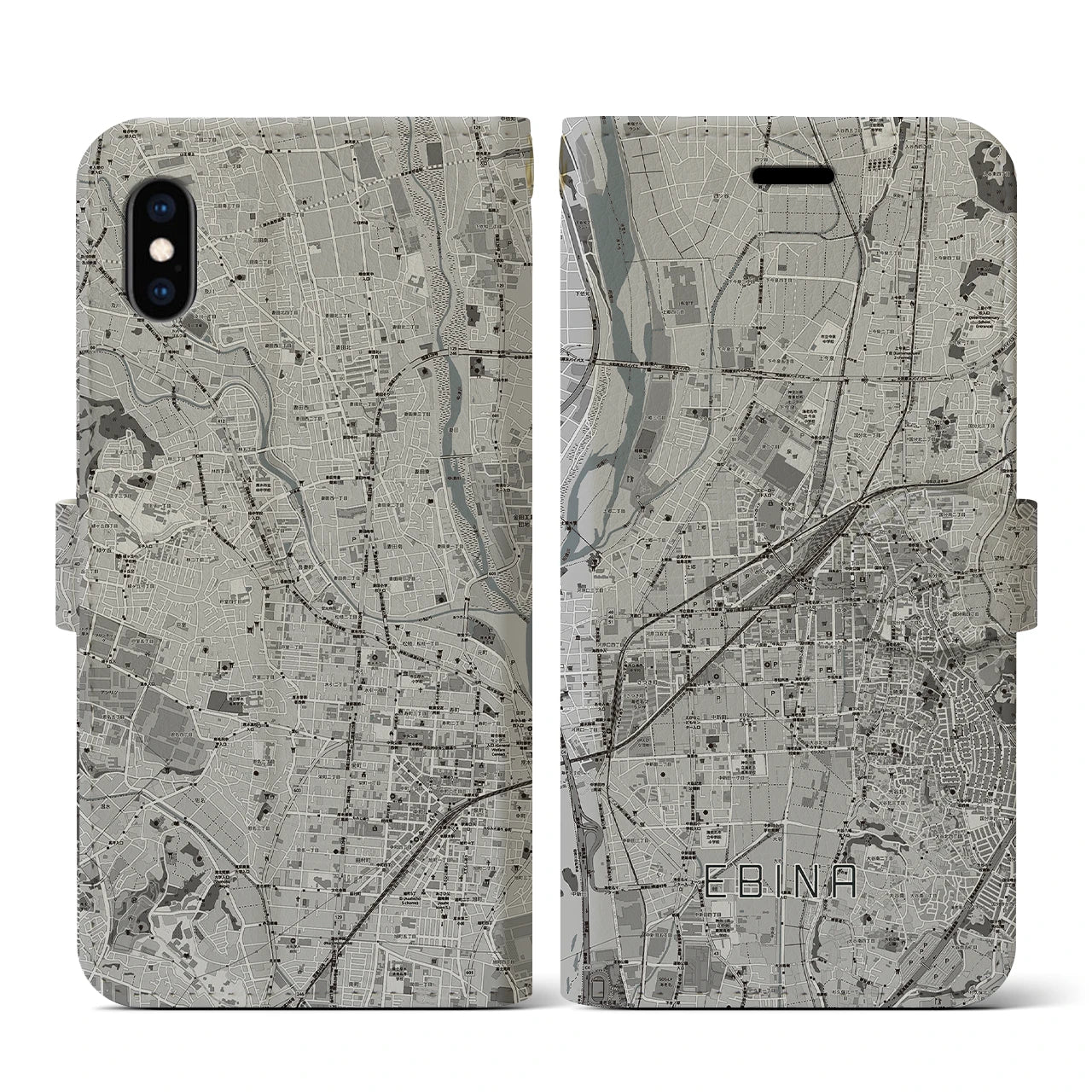 【海老名(神奈川県)】地図柄iPhoneケース(手帳タイプ)モノトーン・iPhone XS / X 用