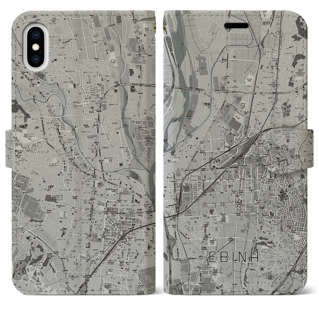 【海老名(神奈川県)】地図柄iPhoneケース(手帳タイプ)モノトーン・iPhone XS Max 用