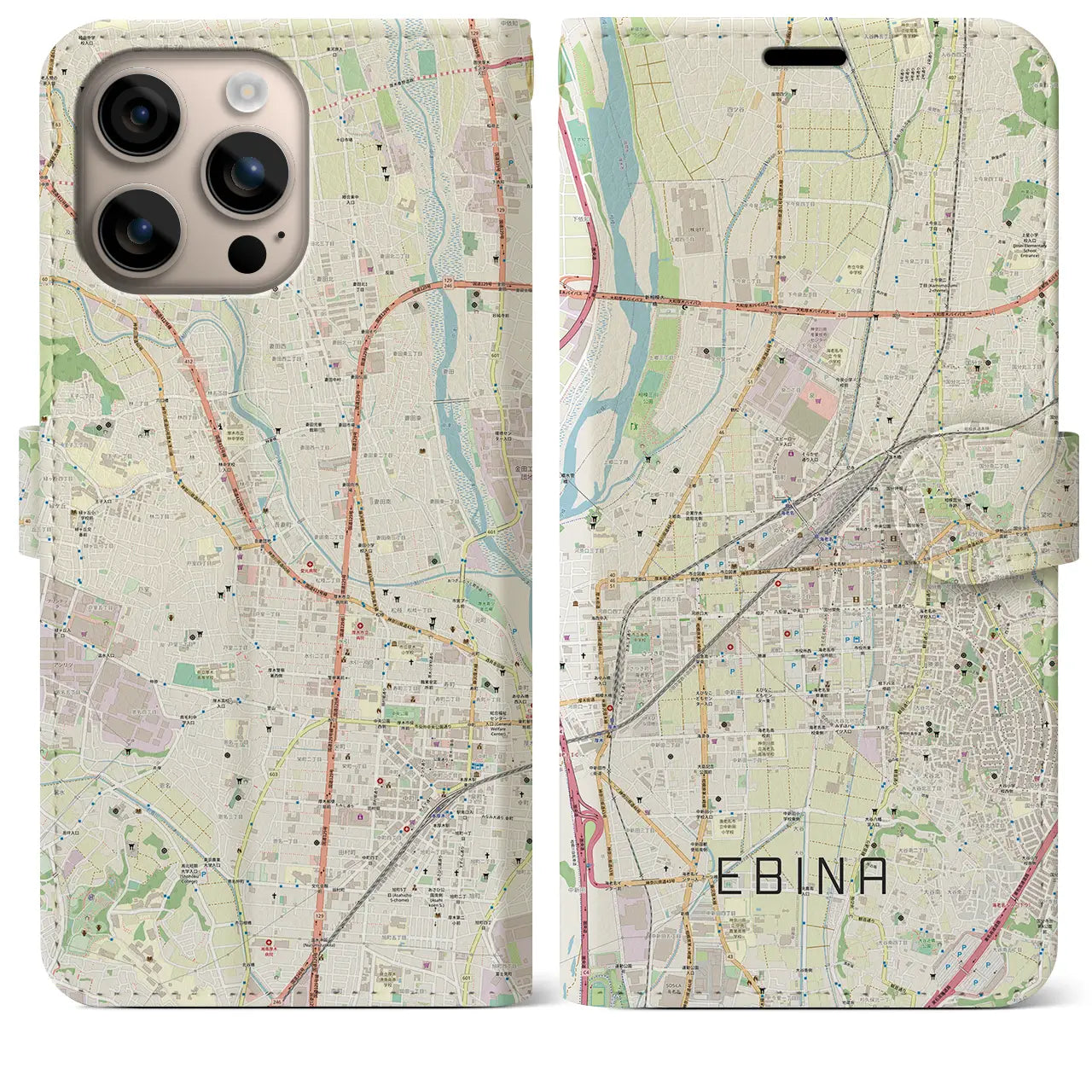 【海老名(神奈川県)】地図柄iPhoneケース(手帳タイプ)ナチュラル・iPhone 16 Plus 用