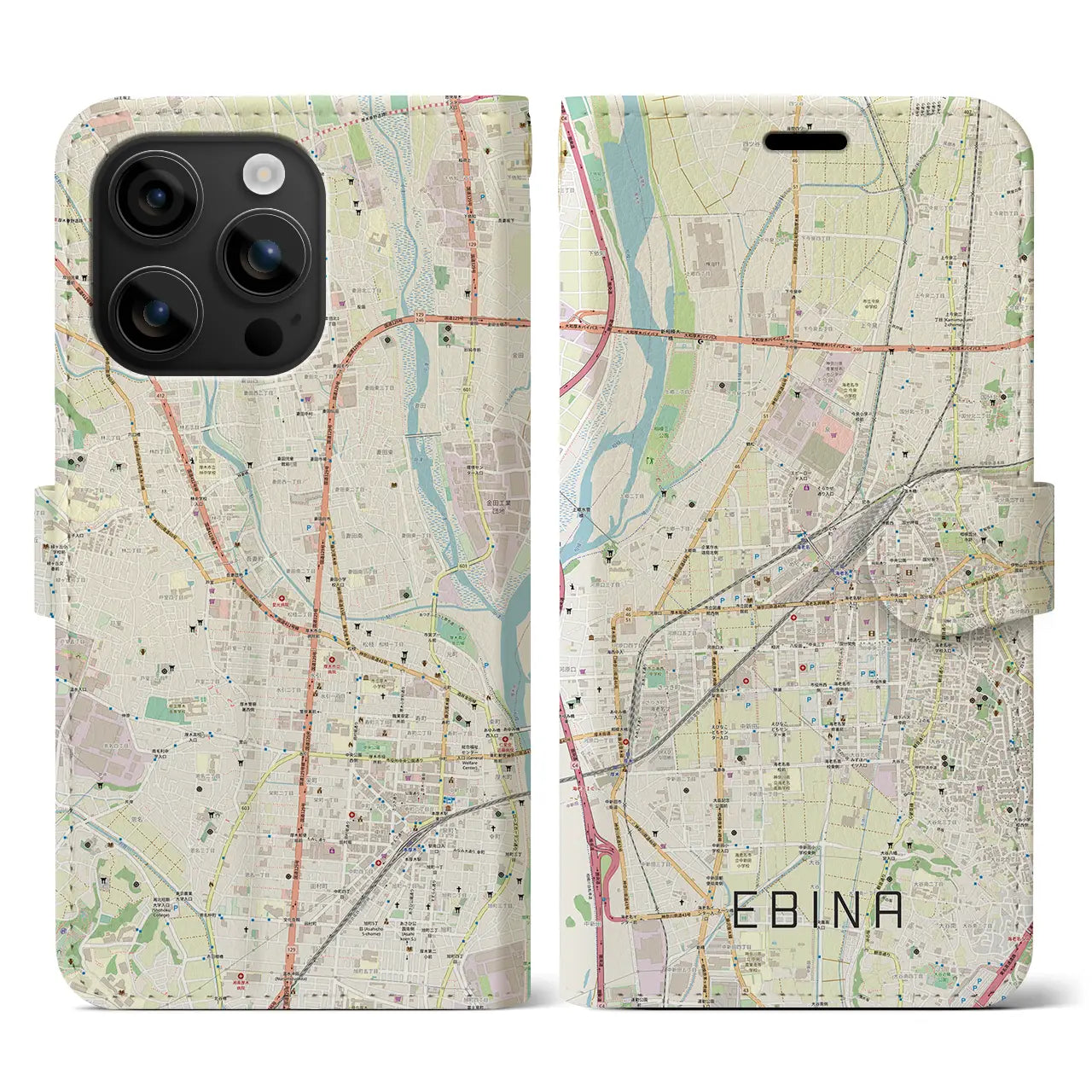 【海老名(神奈川県)】地図柄iPhoneケース(手帳タイプ)ナチュラル・iPhone 16 用