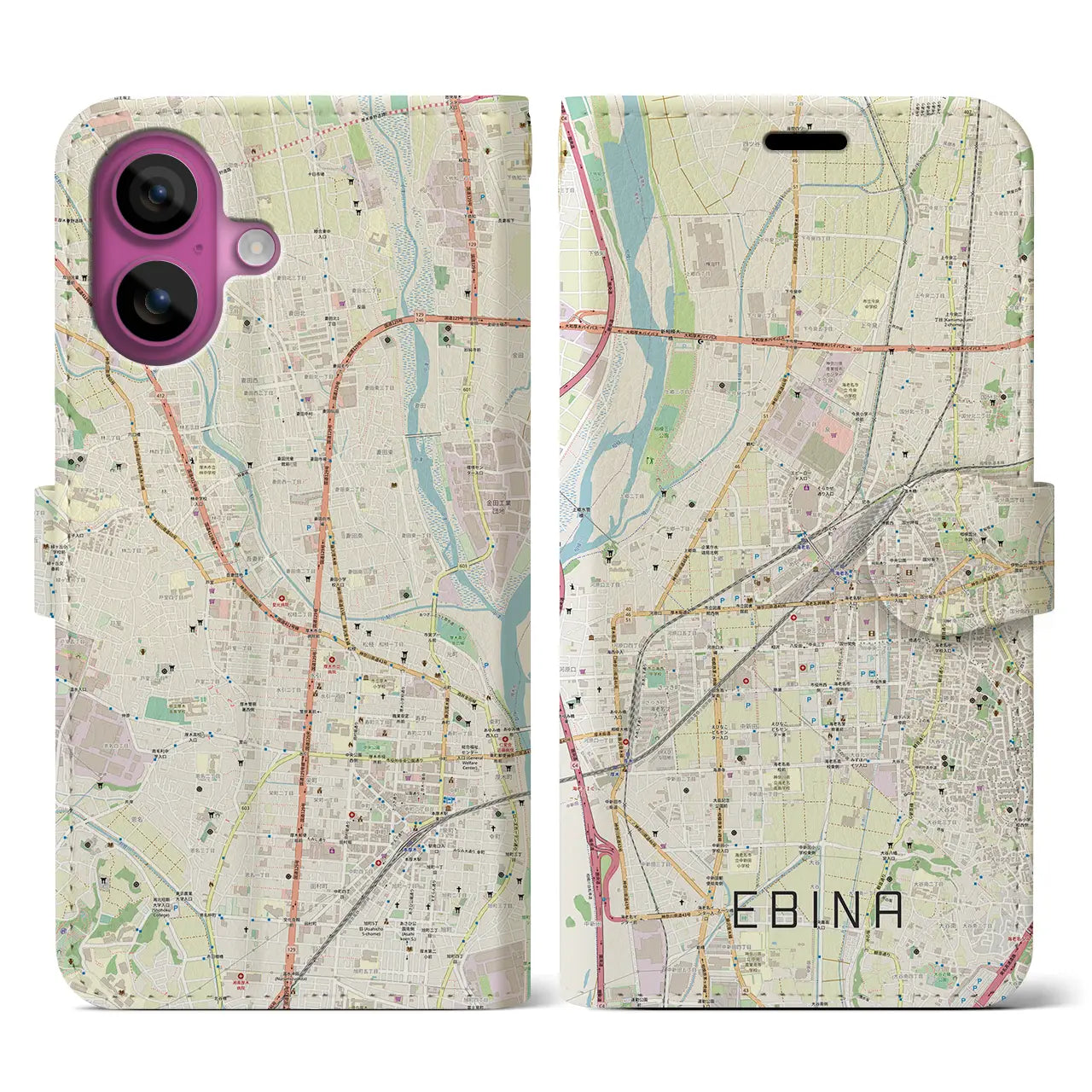 【海老名(神奈川県)】地図柄iPhoneケース(手帳タイプ)ナチュラル・iPhone 16 Pro 用
