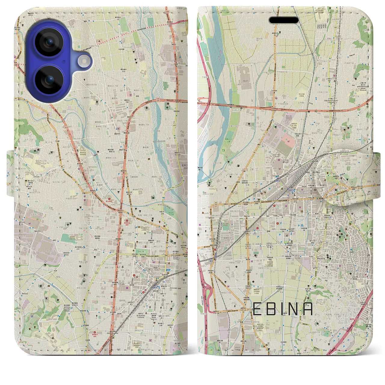 【海老名(神奈川県)】地図柄iPhoneケース(手帳タイプ)ナチュラル・iPhone 16 Pro Max 用