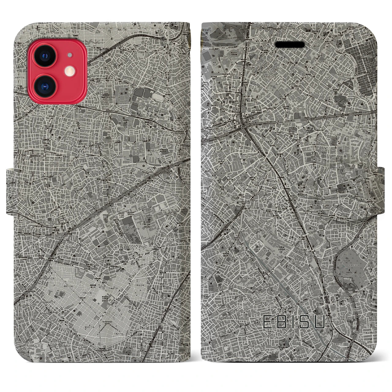 【恵比寿(東京都)】地図柄iPhoneケース(手帳タイプ)モノトーン・iPhone 11 用