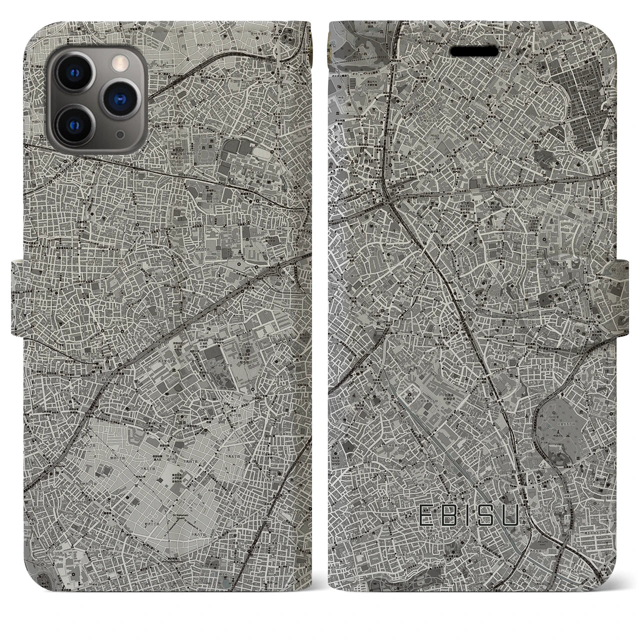 【恵比寿(東京都)】地図柄iPhoneケース(手帳タイプ)モノトーン・iPhone 11 Pro Max 用