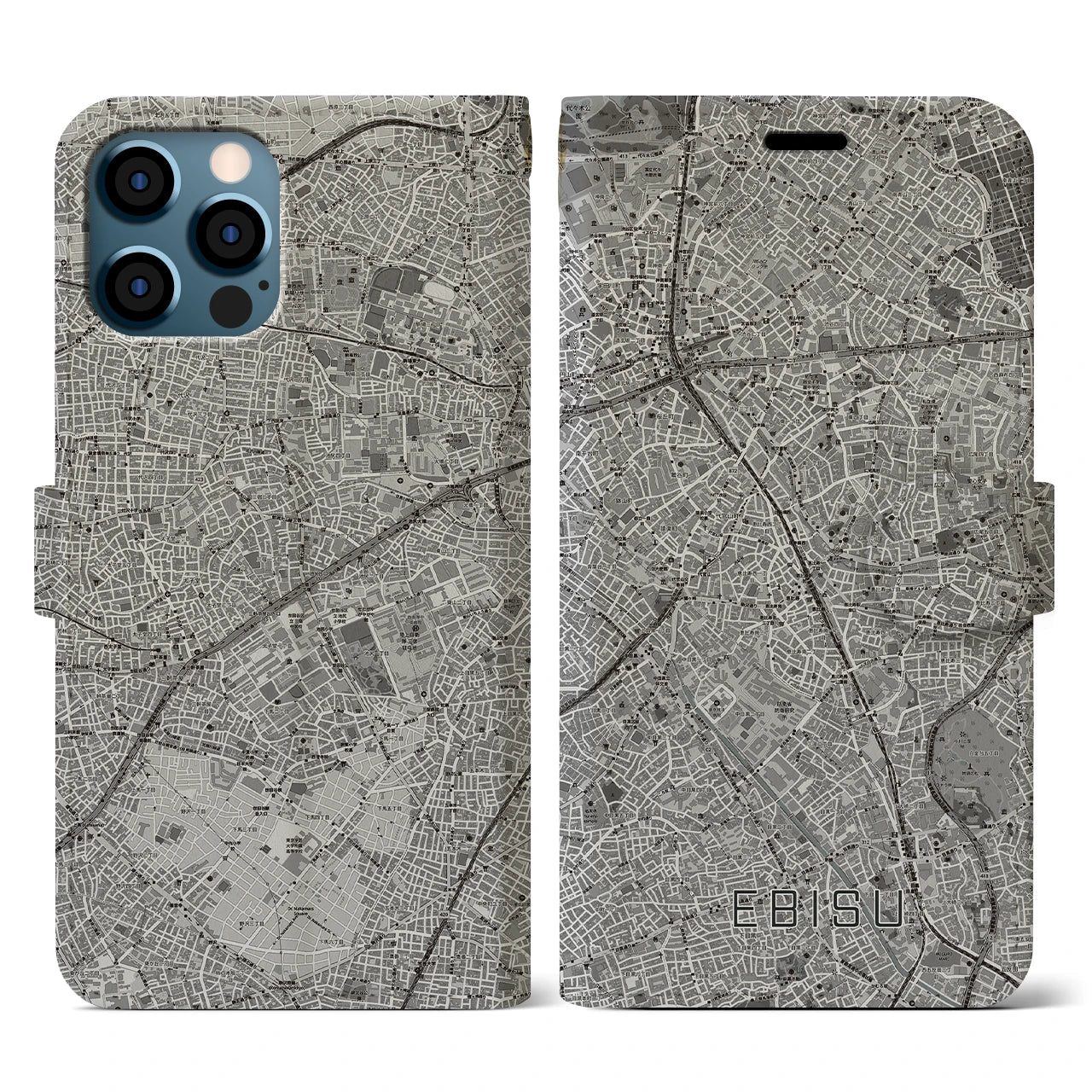 【恵比寿(東京都)】地図柄iPhoneケース(手帳タイプ)モノトーン・iPhone 12 / 12 Pro 用