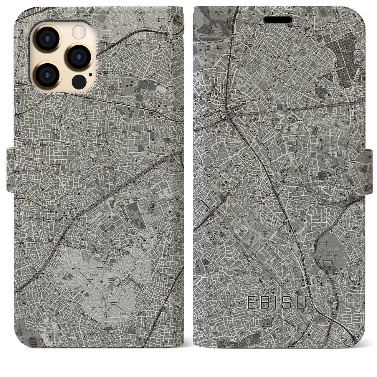 【恵比寿(東京都)】地図柄iPhoneケース(手帳タイプ)モノトーン・iPhone 12 Pro Max 用