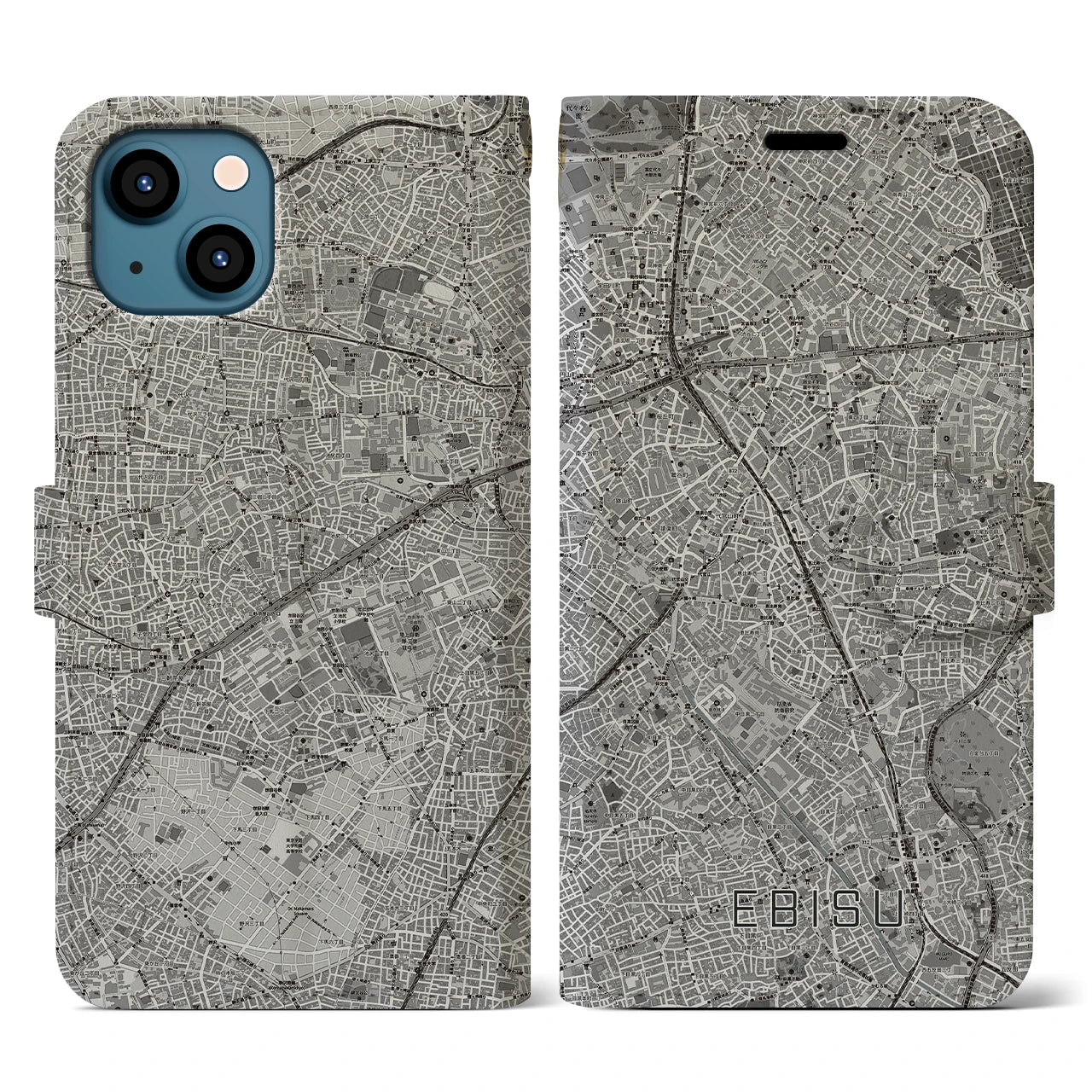 【恵比寿(東京都)】地図柄iPhoneケース(手帳タイプ)モノトーン・iPhone 13 用