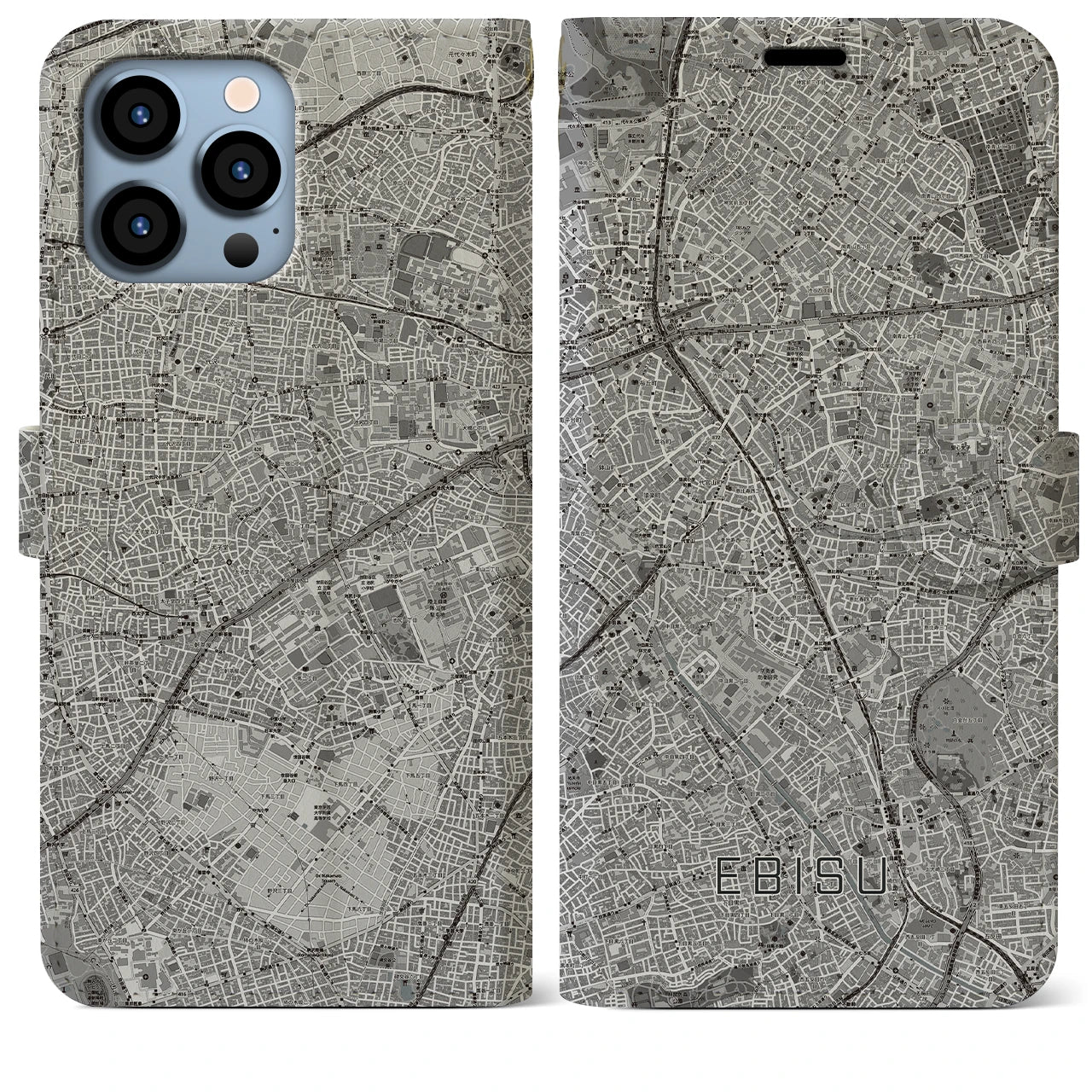 【恵比寿(東京都)】地図柄iPhoneケース(手帳タイプ)モノトーン・iPhone 13 Pro Max 用