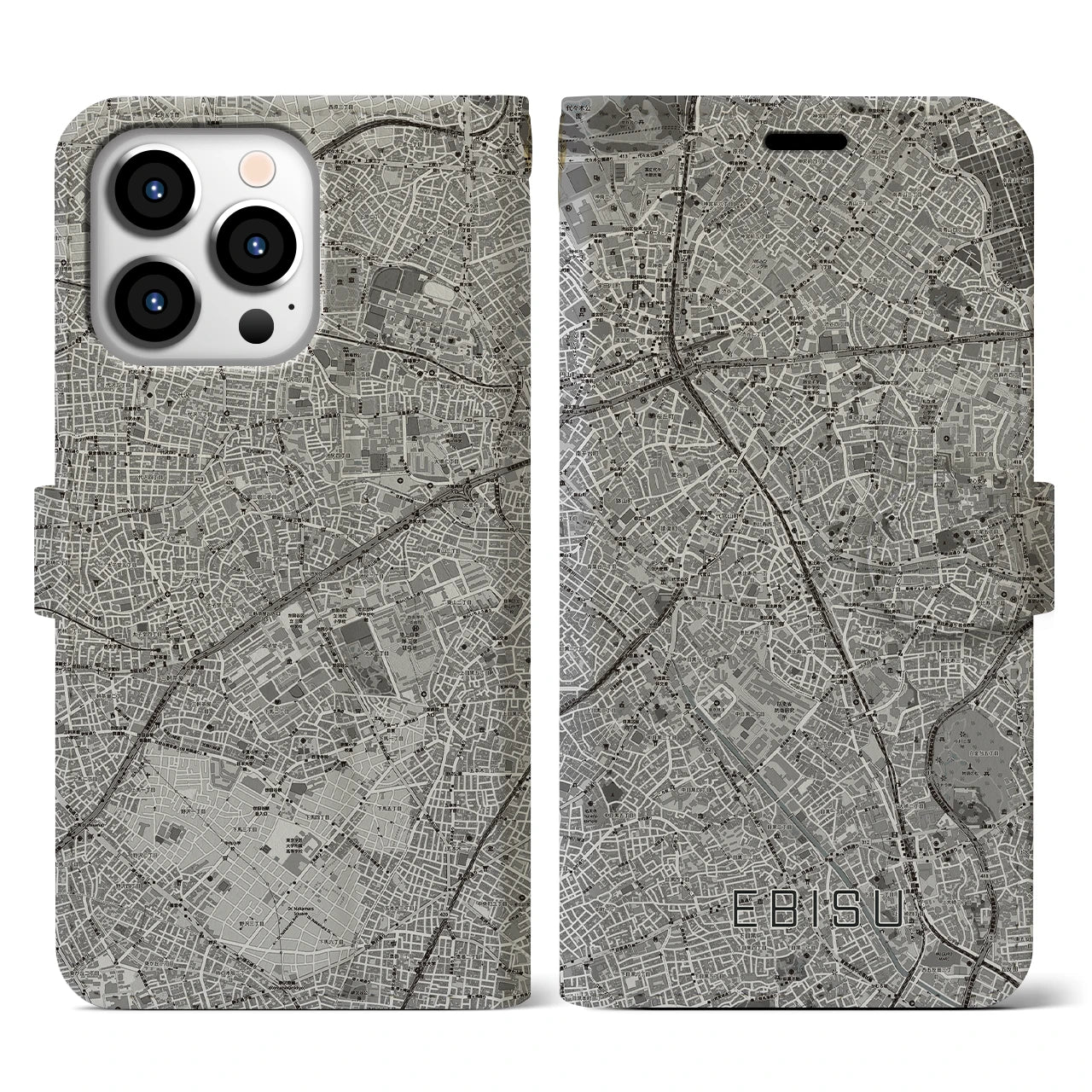【恵比寿(東京都)】地図柄iPhoneケース(手帳タイプ)モノトーン・iPhone 13 Pro 用