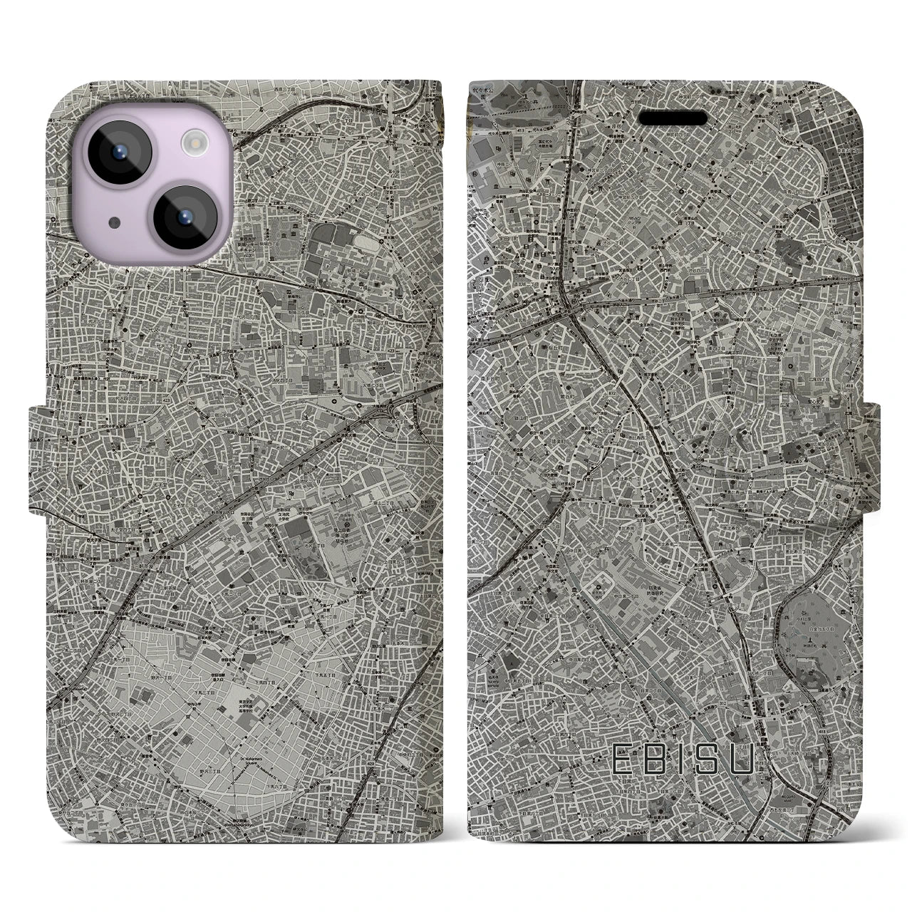 【恵比寿(東京都)】地図柄iPhoneケース(手帳タイプ)モノトーン・iPhone 14 用