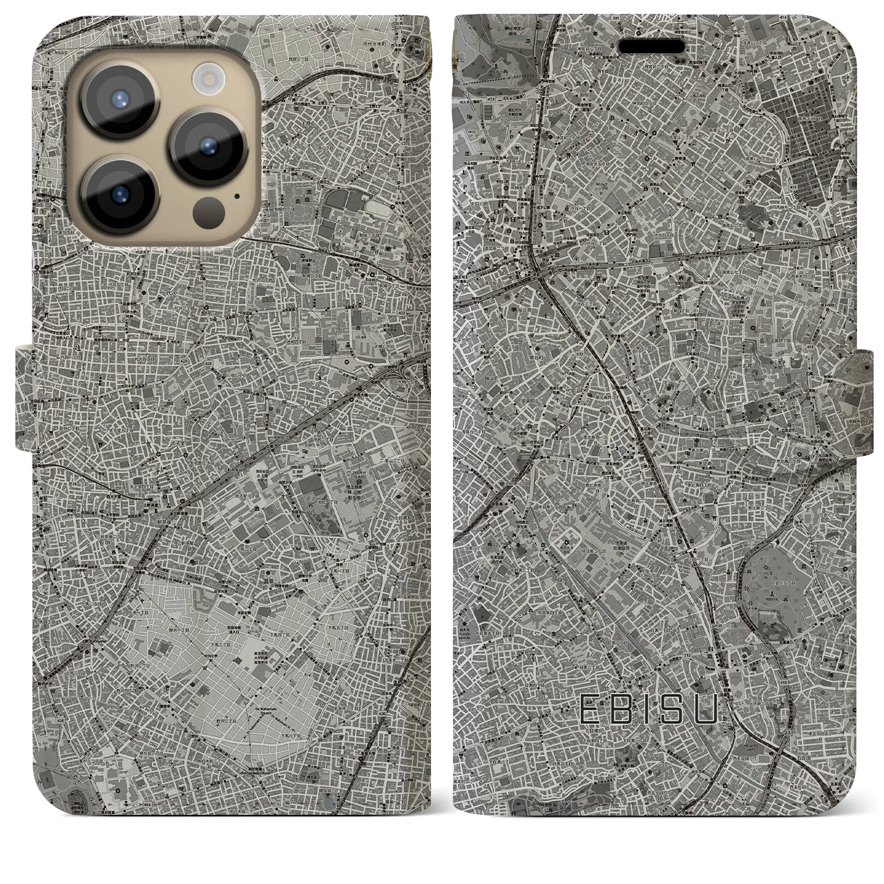 【恵比寿(東京都)】地図柄iPhoneケース(手帳タイプ)モノトーン・iPhone 14 Pro Max 用