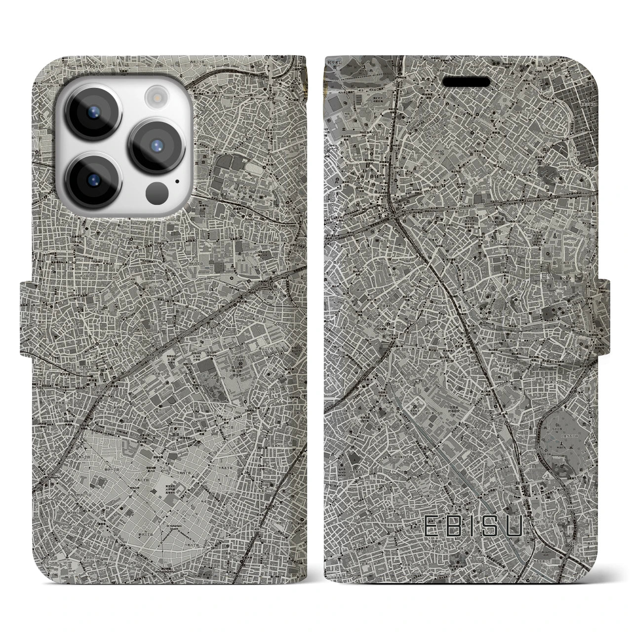 【恵比寿(東京都)】地図柄iPhoneケース(手帳タイプ)モノトーン・iPhone 14 Pro 用