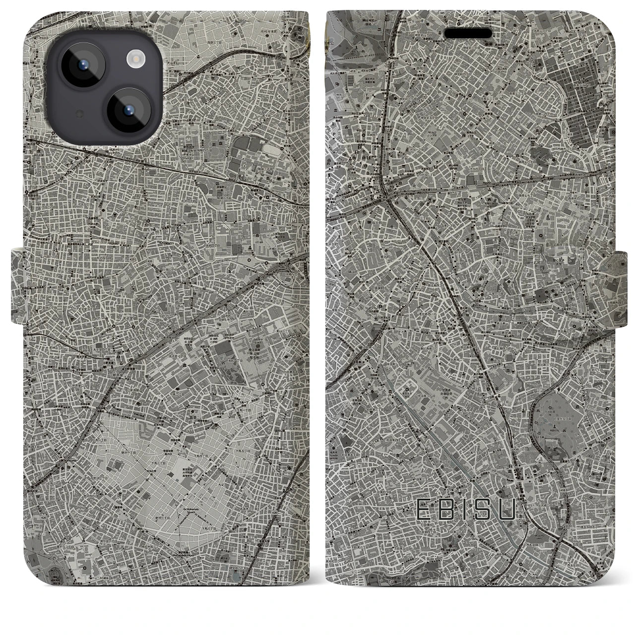 【恵比寿(東京都)】地図柄iPhoneケース(手帳タイプ)モノトーン・iPhone 14 Plus 用