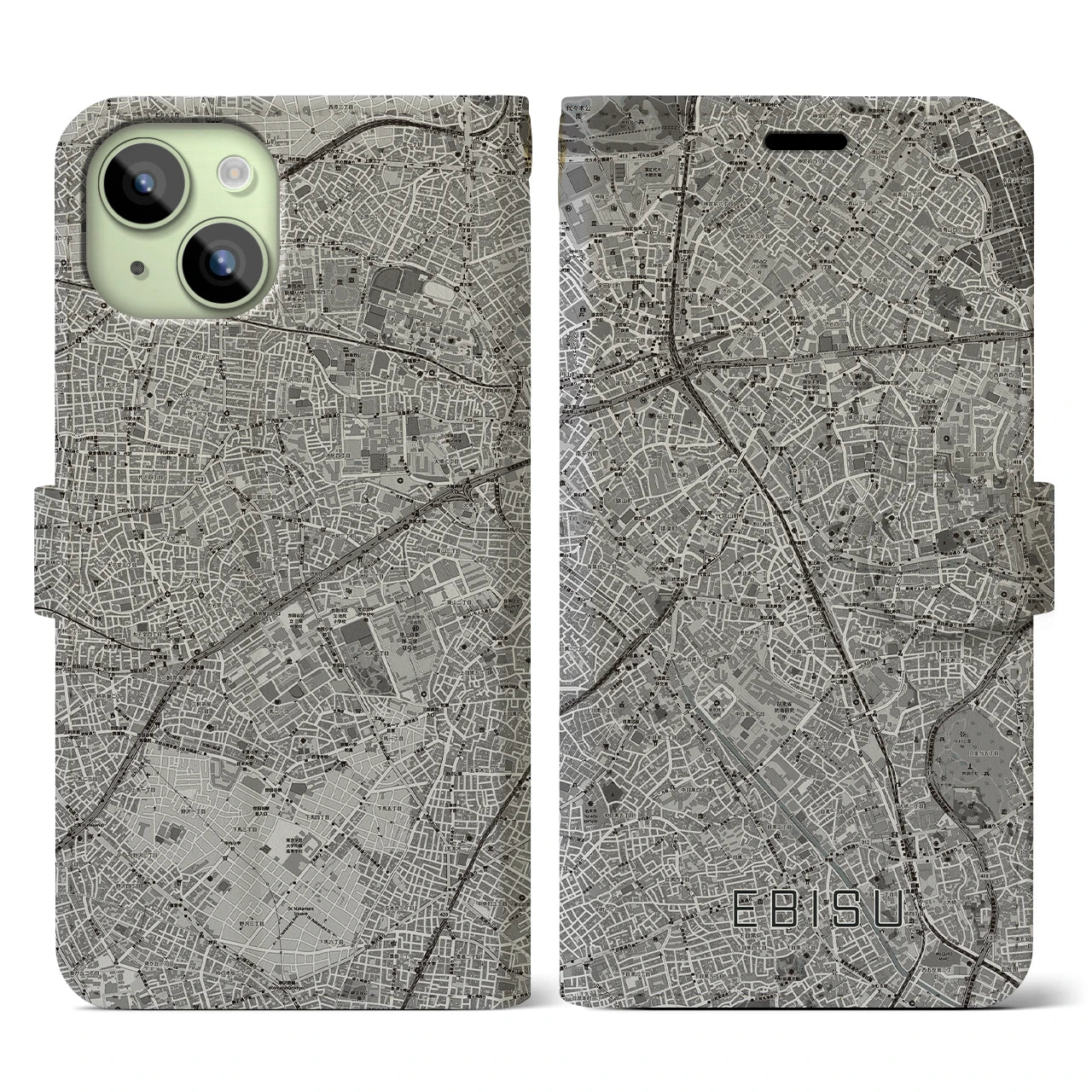 【恵比寿(東京都)】地図柄iPhoneケース(手帳タイプ)モノトーン・iPhone 15 用