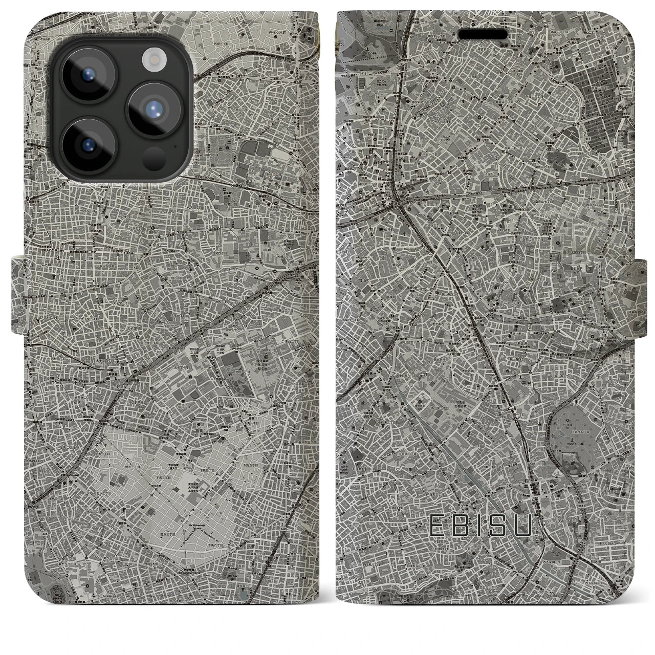 【恵比寿(東京都)】地図柄iPhoneケース(手帳タイプ)モノトーン・iPhone 15 Pro Max 用