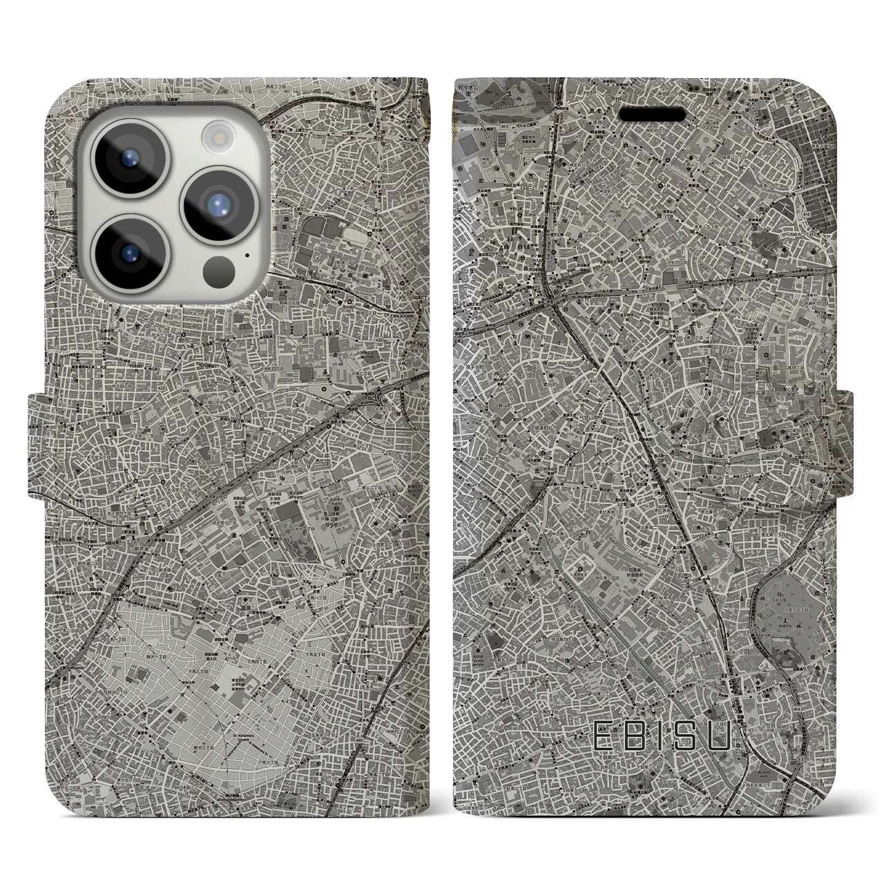 【恵比寿(東京都)】地図柄iPhoneケース(手帳タイプ)モノトーン・iPhone 15 Pro 用